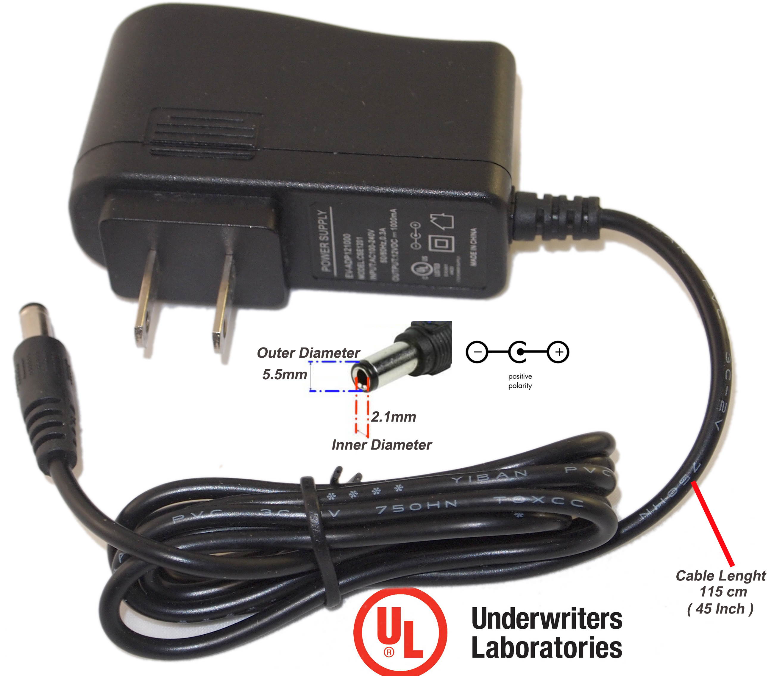 12V 1000 mA DC Power Adapter Regulated 1 Amper CCTV Camera Power Supply 2.1mm 5.5mm plug UL Certified Adapter