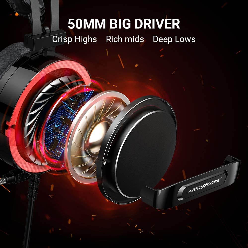 ABKONCORE CH713M Gaming Headset Esport with 7.1 Sound Card, Gaming Headphones for PS4, PC, Xbox, Nintendo Switch, Laptop, Mac with Noise-Cancelling Mic, Bass Vibration, LED Light, in-line Controller