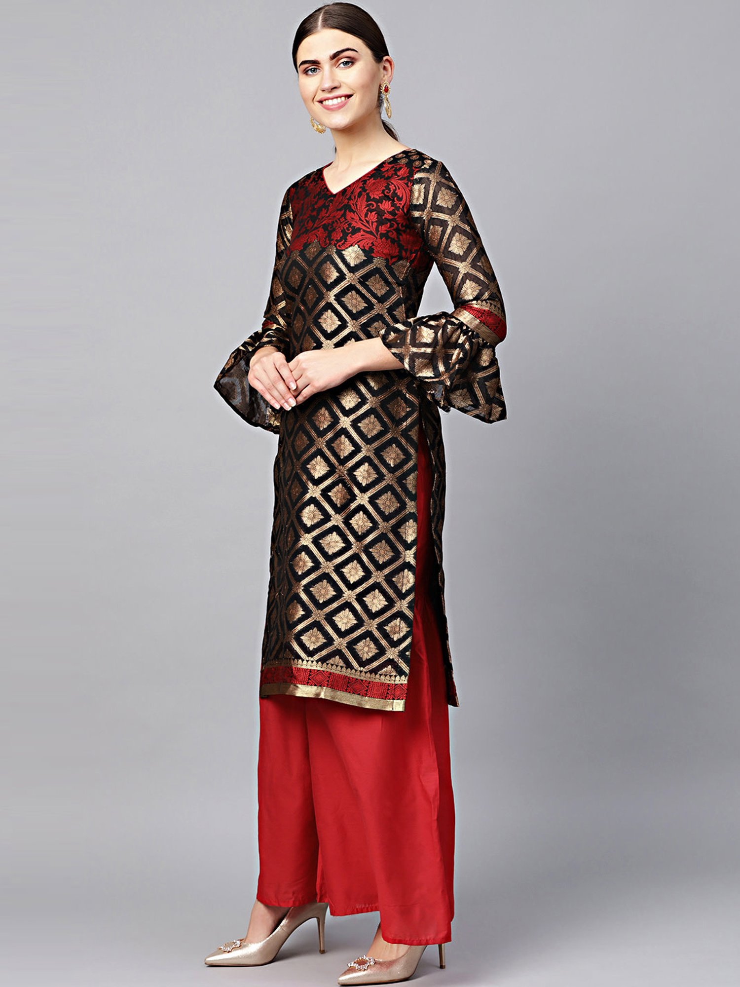 Chhabra 555 Black & Red Zari Work Kurta Palazzo Set With Dupatta