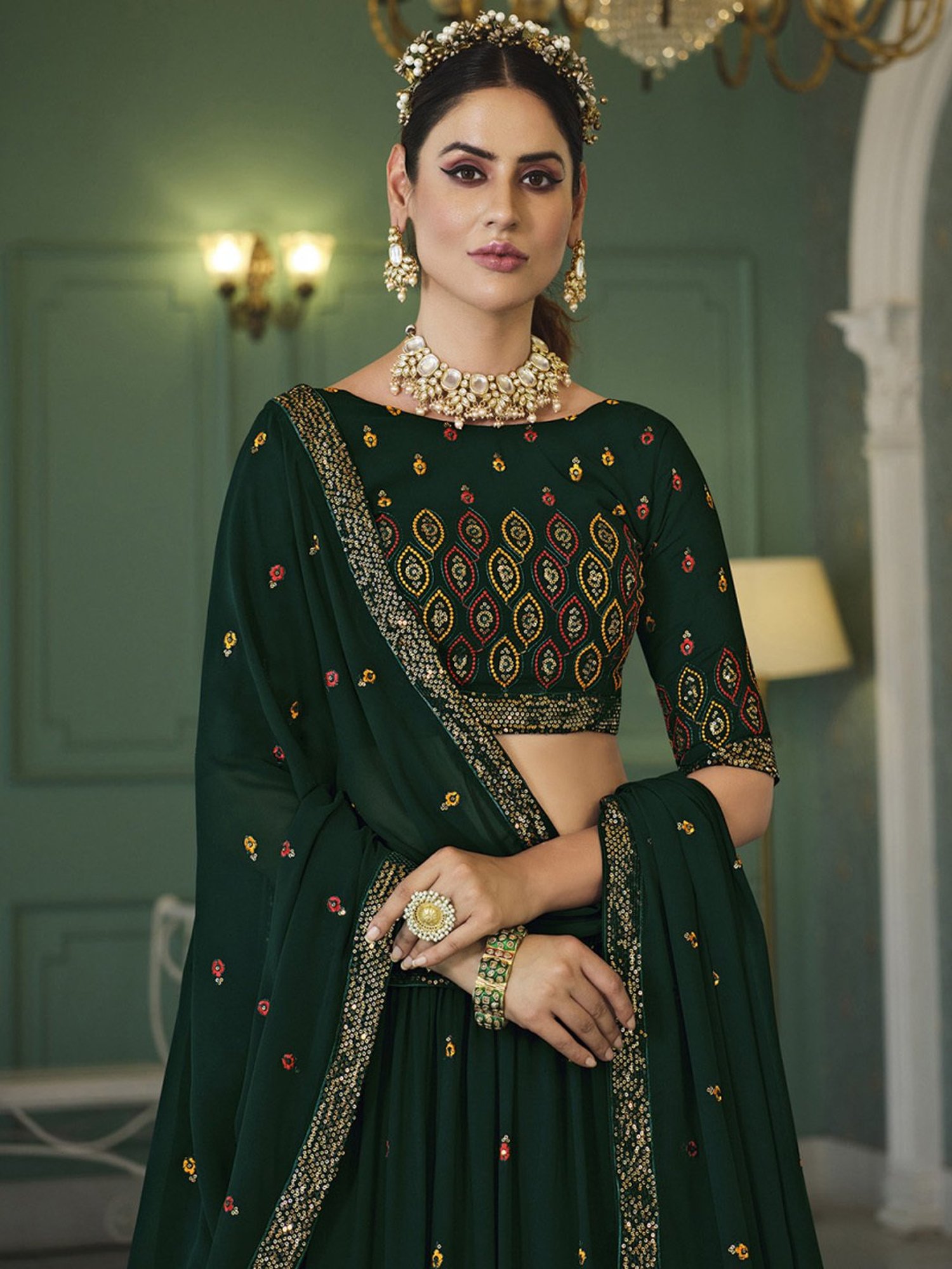SHUBHKALA Green Embroidered Lehenga and Choli Set With Dupatta