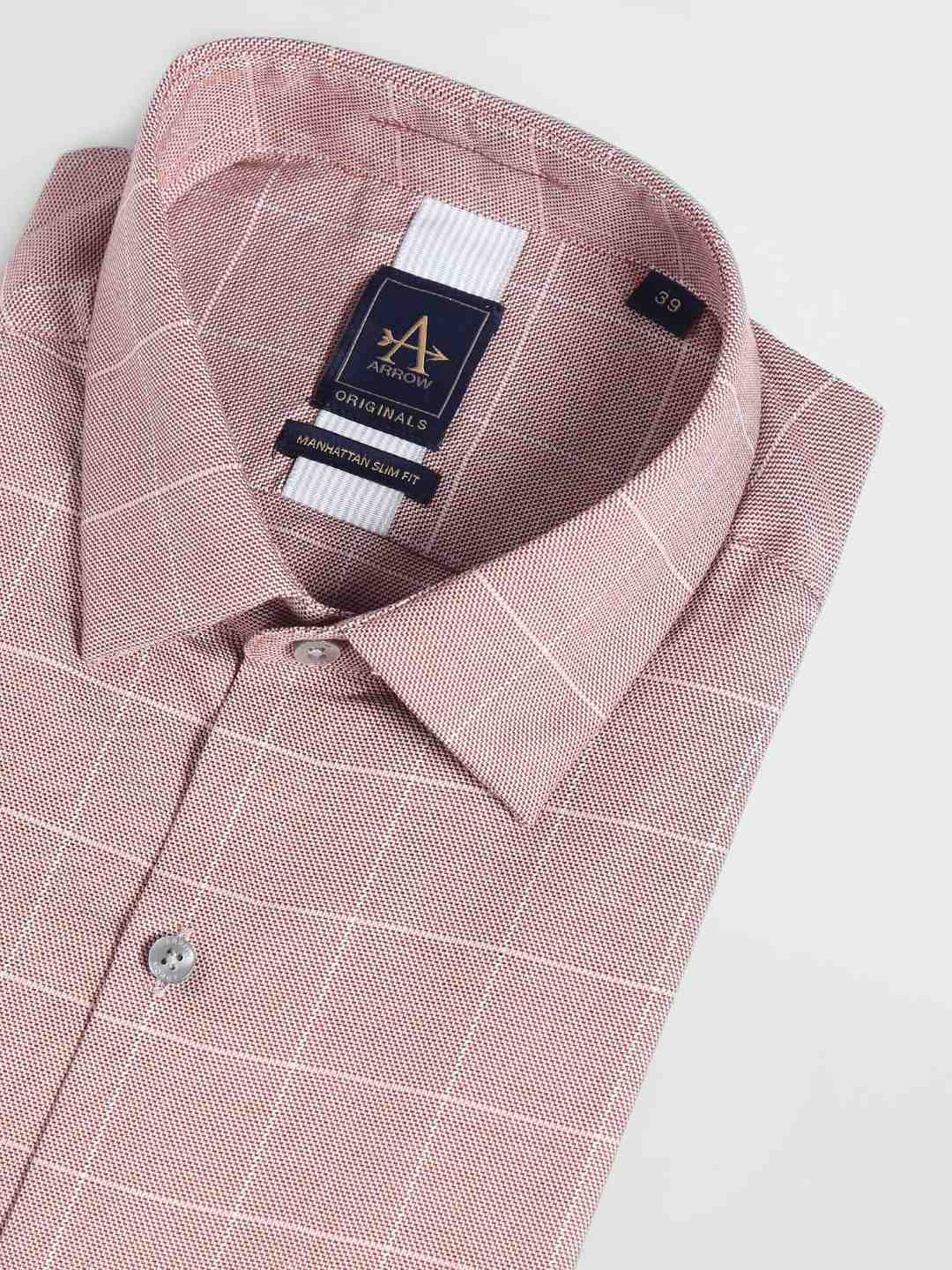 Arrow Orange Cotton Slim Fit Checks Shirt