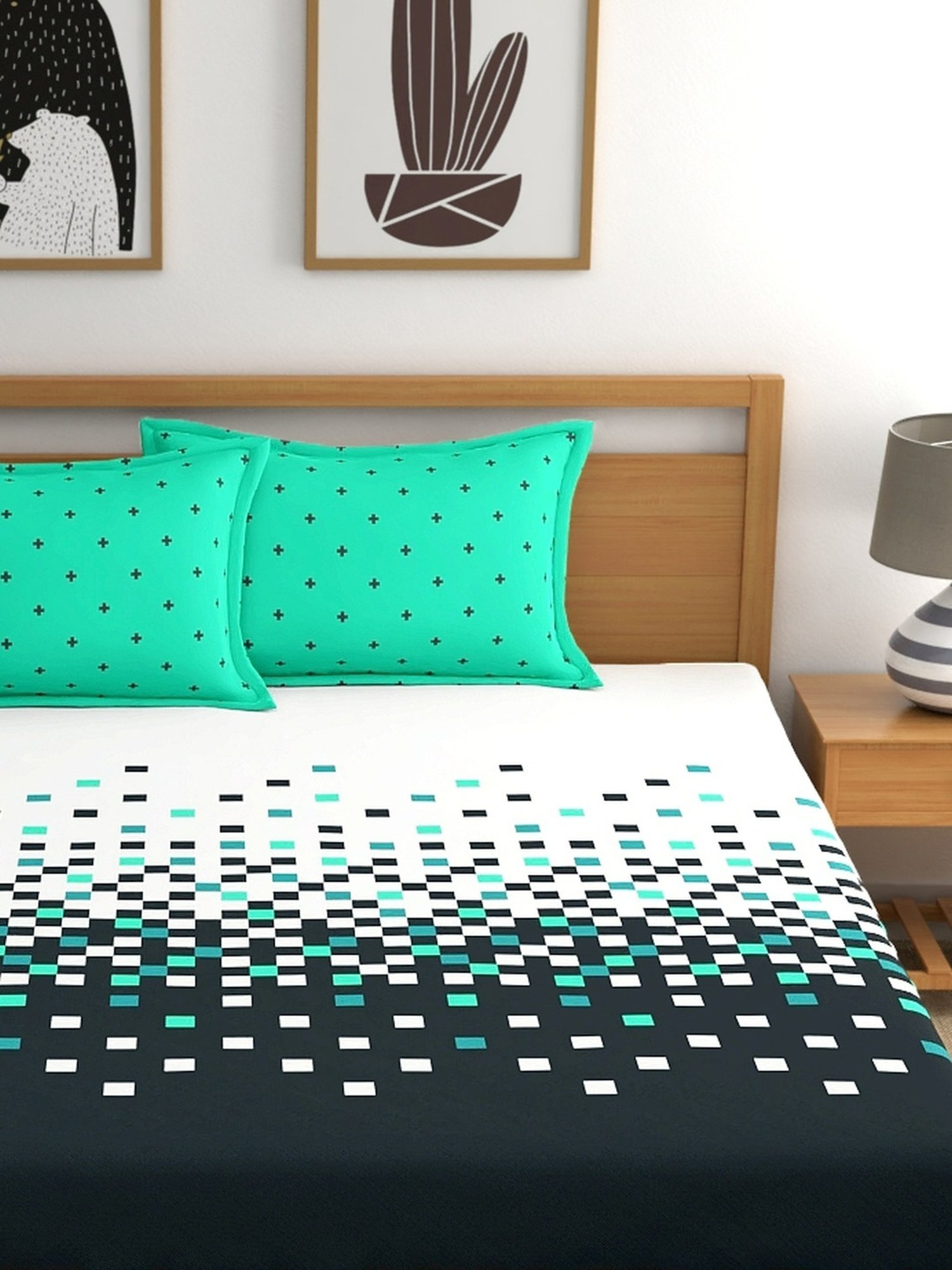 My Room Geometric Multicolor 140 TC Cotton Fitted King Bed Sheet with 2 Pillow Covers