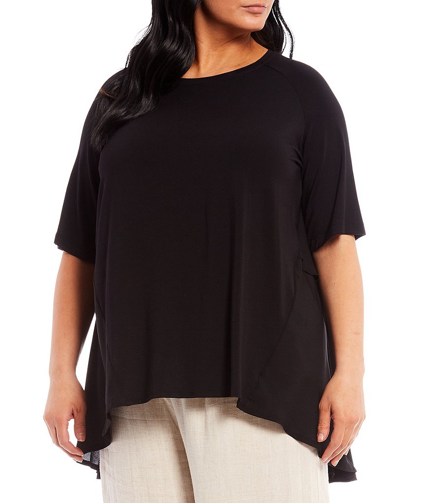 John Mark Plus Size Crew Neck Raglan Short Sleeve Chiffon Back Hi-Low Hem Top