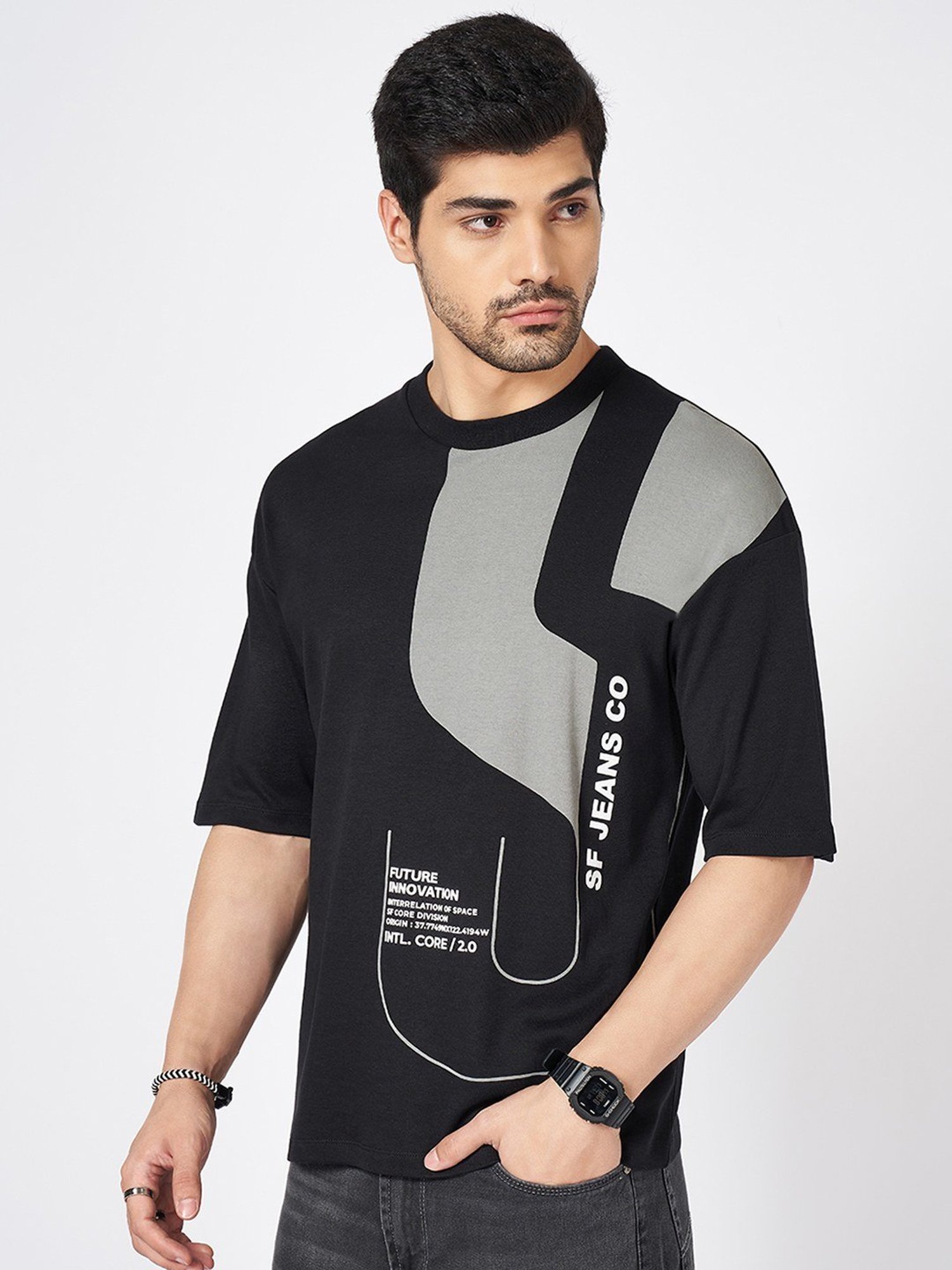 Sf Jeans By Pantaloons Black Cotton Loose Fit Printed T-Shirt