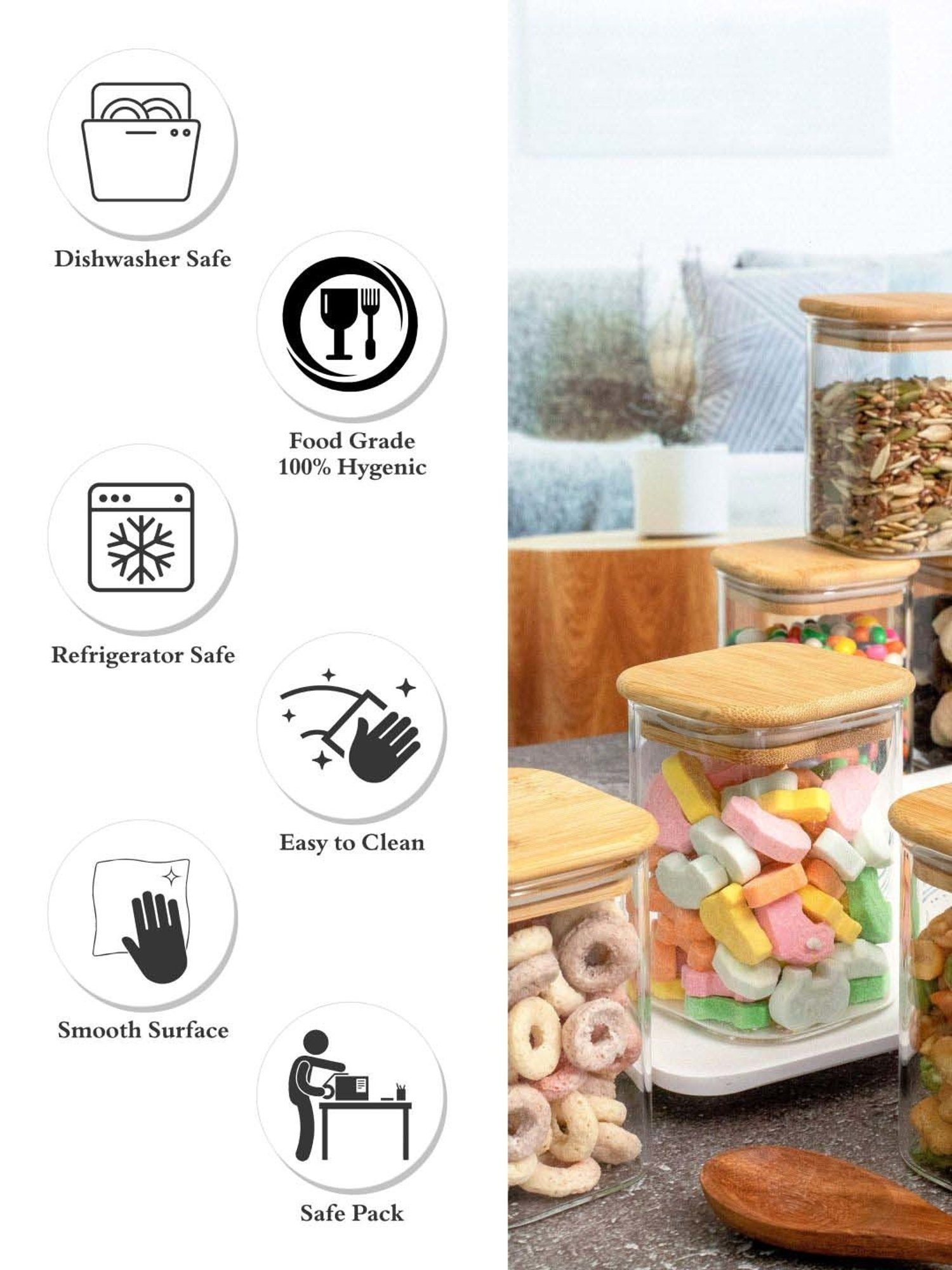 Goodhomes Transparent & Brown Glass Jar with Wooden Lid (0.23 L) - Set of 6