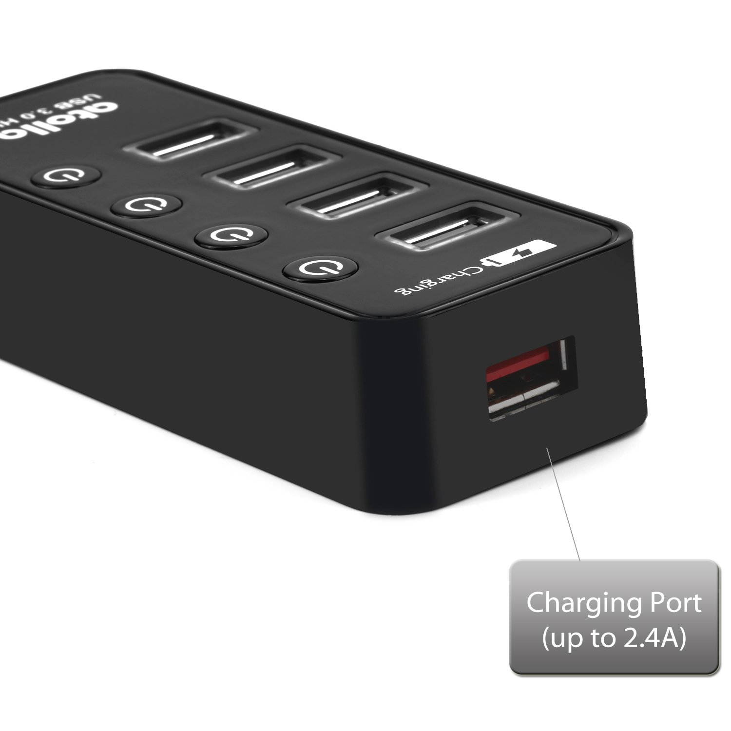 USB 3.0 Hub, atolla 4 Ports Super Speed USB 3 Hub Splitter with On Off Switch with 1 USB Charging Port (Cable Length 2 Feet, No AC Adapter) (4-Port hub)