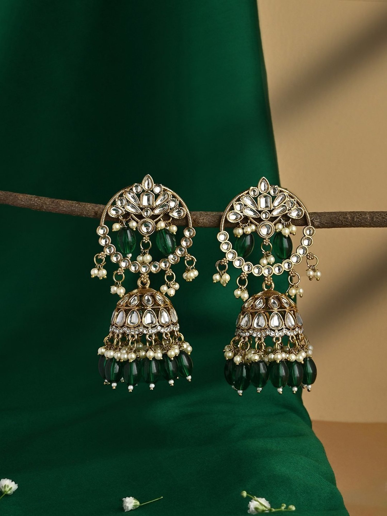 Fida Green Bridal Kundan Jhumki Earrings for Women