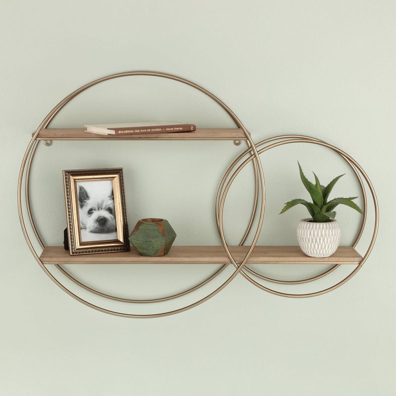 2 Tier Round Wall Shelf Rustic Wood and Decorative Unit Gold - Gallery Solutions