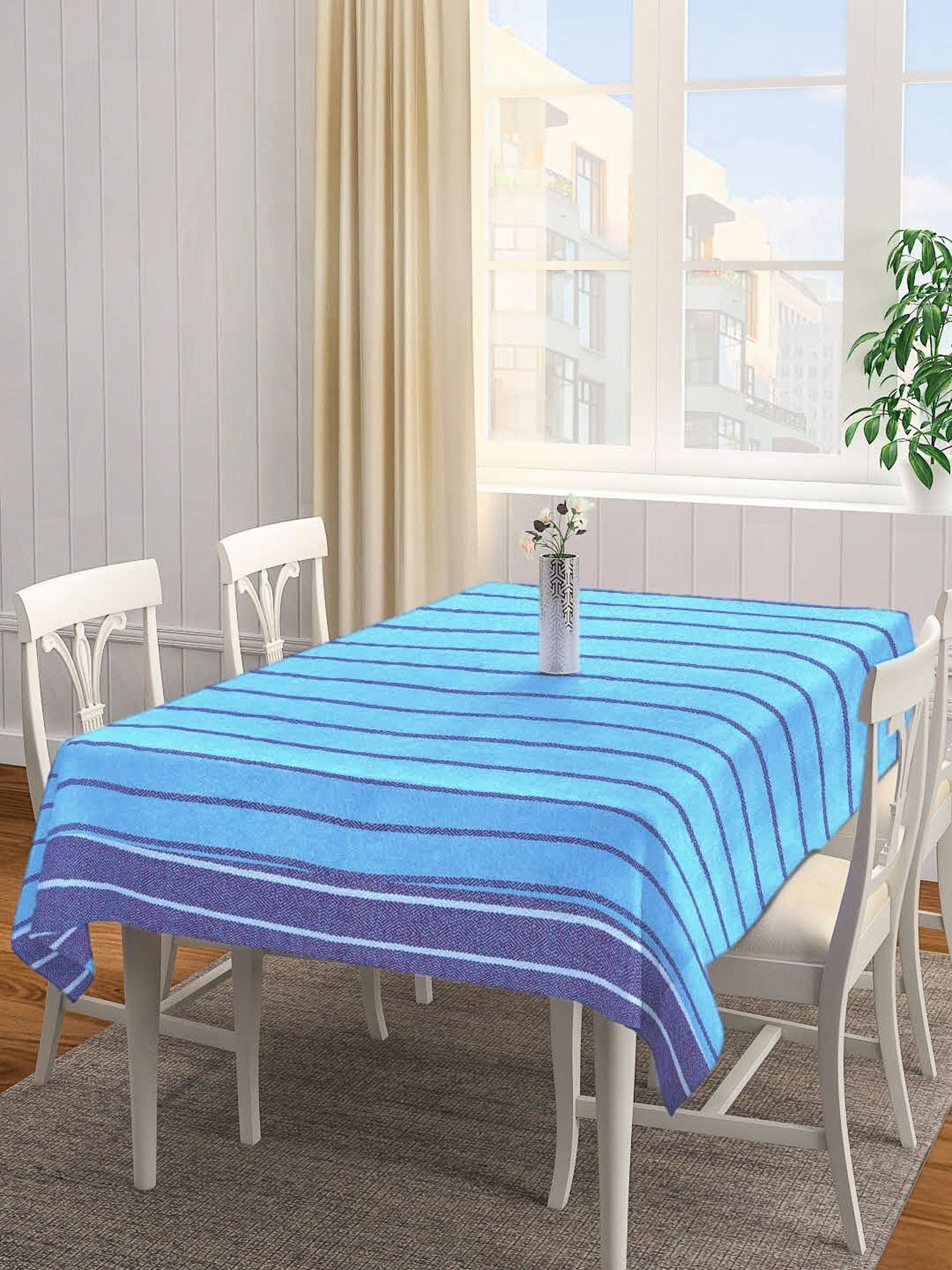 Klotthe Striped Blue 300 TC Cotton Rectangle 6-Seater Table Cover