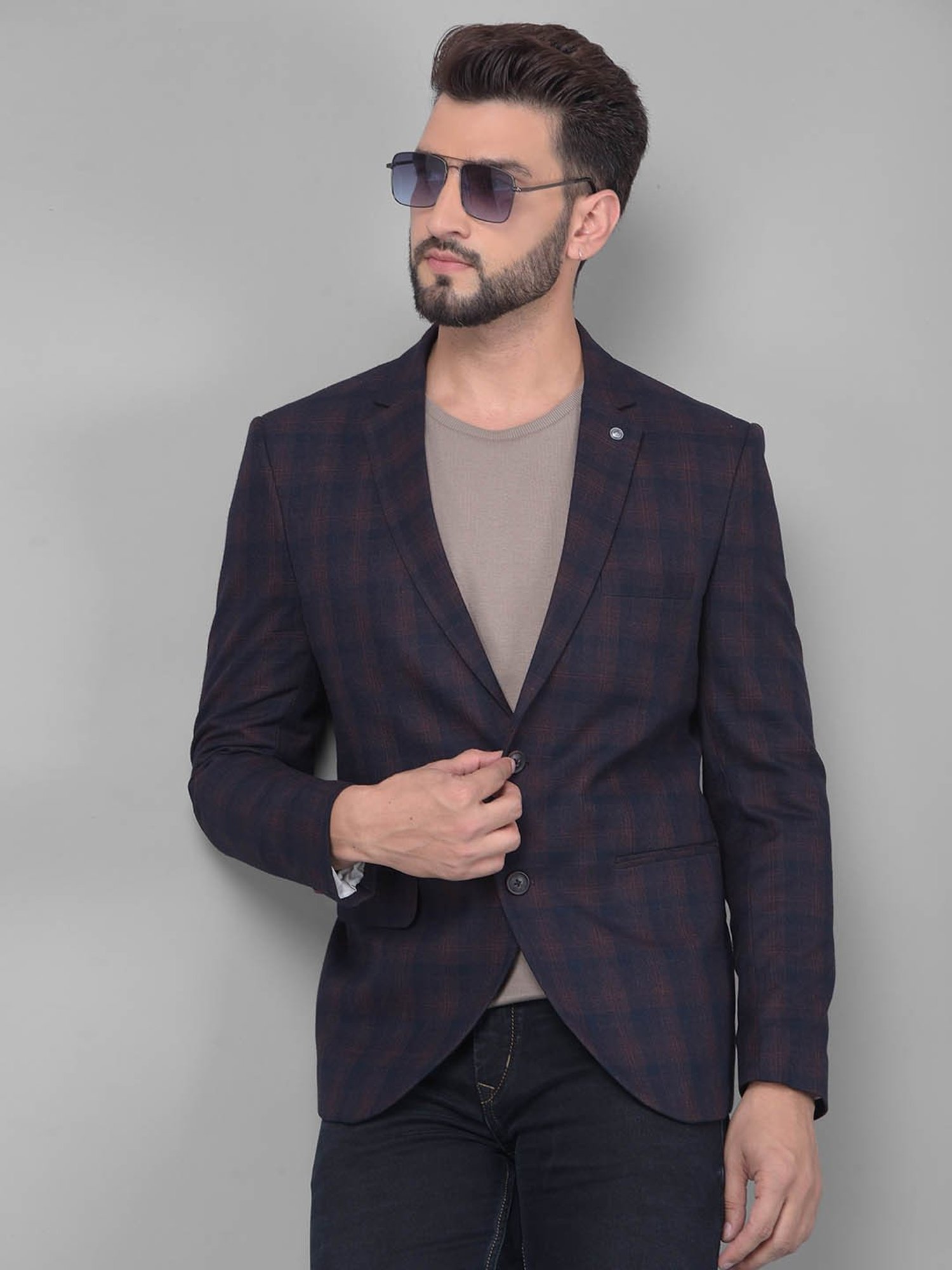 Crimsoune Club Navy Blue Slim Fit Checks Blazer