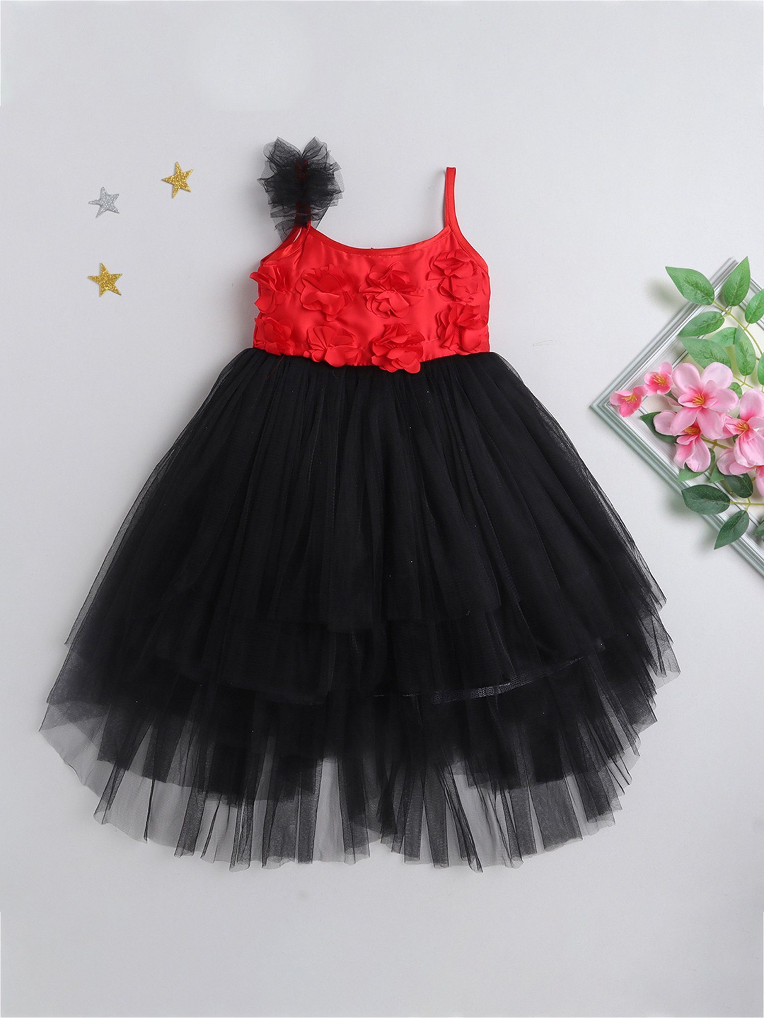 Many Frocks Kids Red & Black Applique Dress