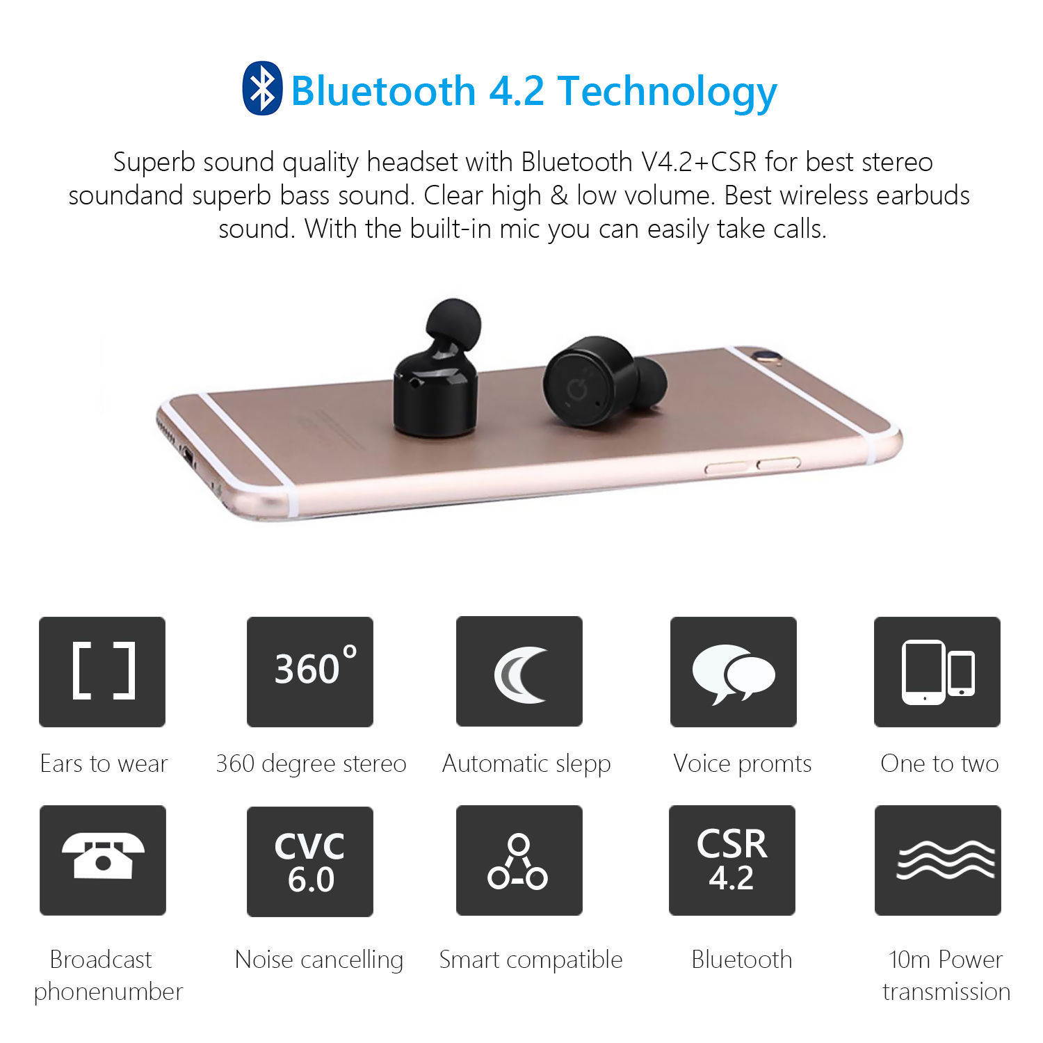 Mini Wireless Bluetooth Earbuds With Mic True Bass Twins Stereo In-Ear Earphone