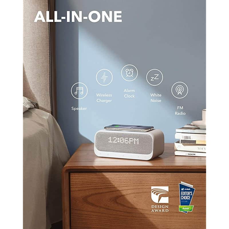 Soundcore Wakey Bluetooth Speakers Powered by  with Alarm Clock Stereo Sound FM Radio White Noise Qi Wireless Charger with 75W Charging for iPhone and 10W for Samsung AKA3300121