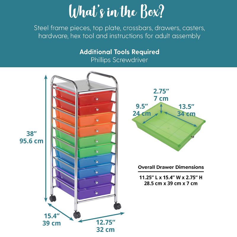 ECR4Kids 10-Drawer Plastic Mobile Organizer, Rolling Cart for Storage - Assorted