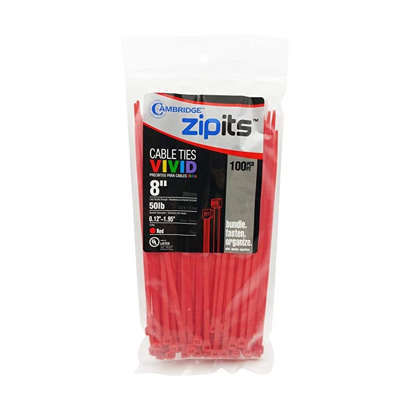 ZipIts Cable Ties 8 Inch 50 Lb Standard Duty Zip Ties 100 Pieces Red UL Listed Contractor Quality Industrial Strength