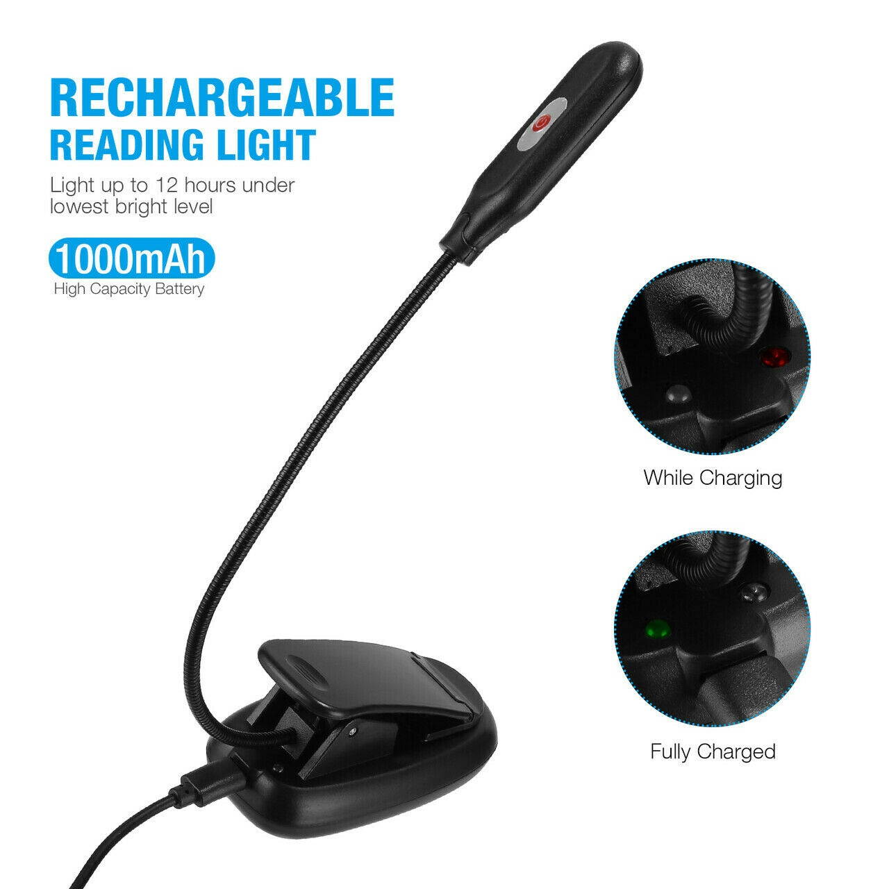 LED Reading Book Light USB Rechargeable Lamps With Flexible Clip For Reader USA