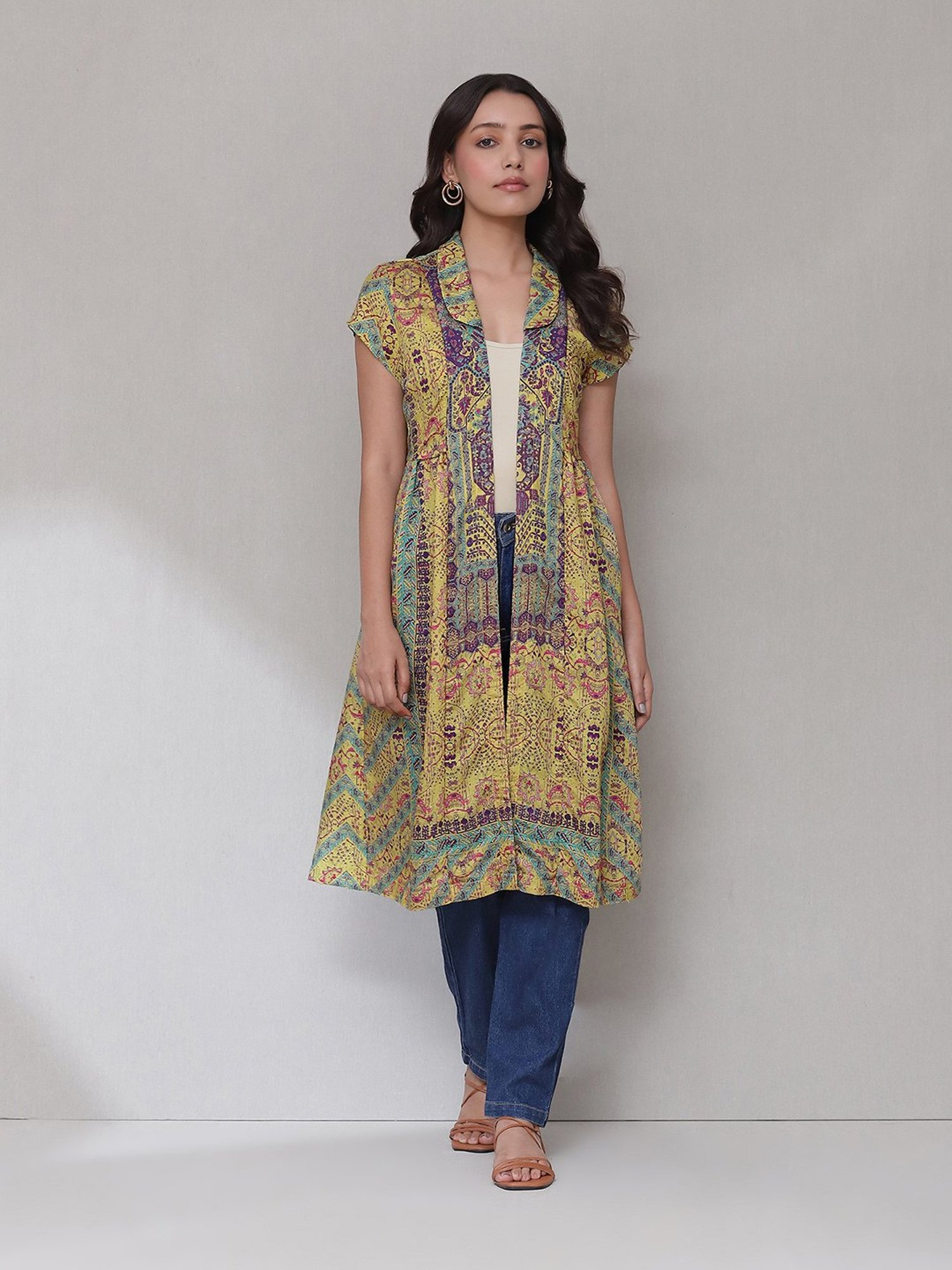 aarke Ritu Kumar Yellow & Purple Printed Long Shrug