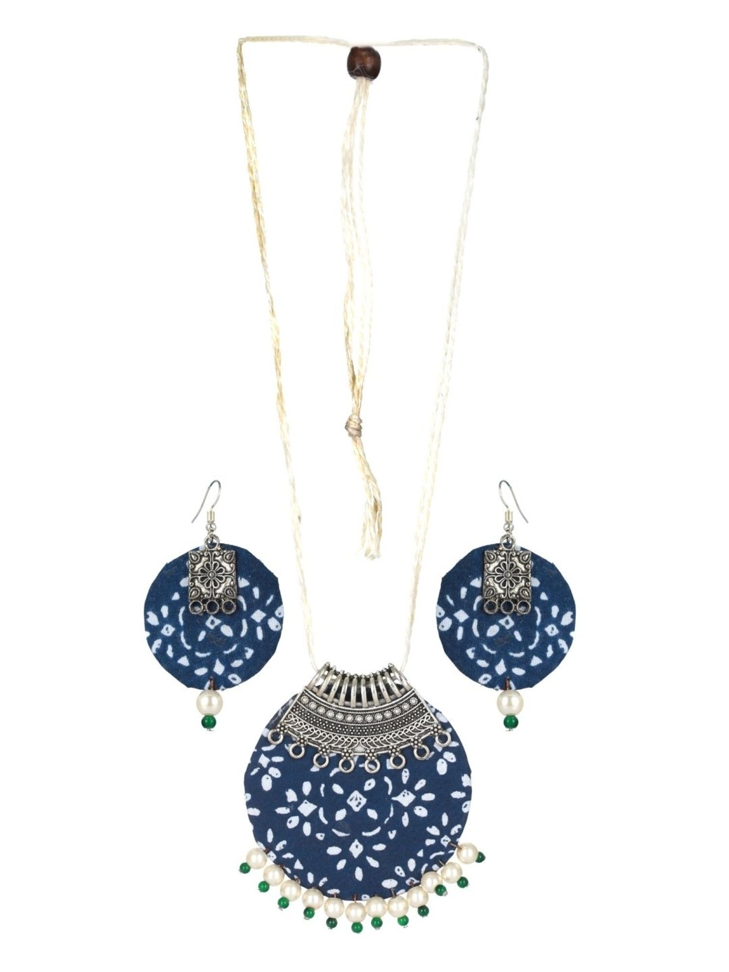 Aatmana Blue & White Fabric Material & Silver Work Necklace Set