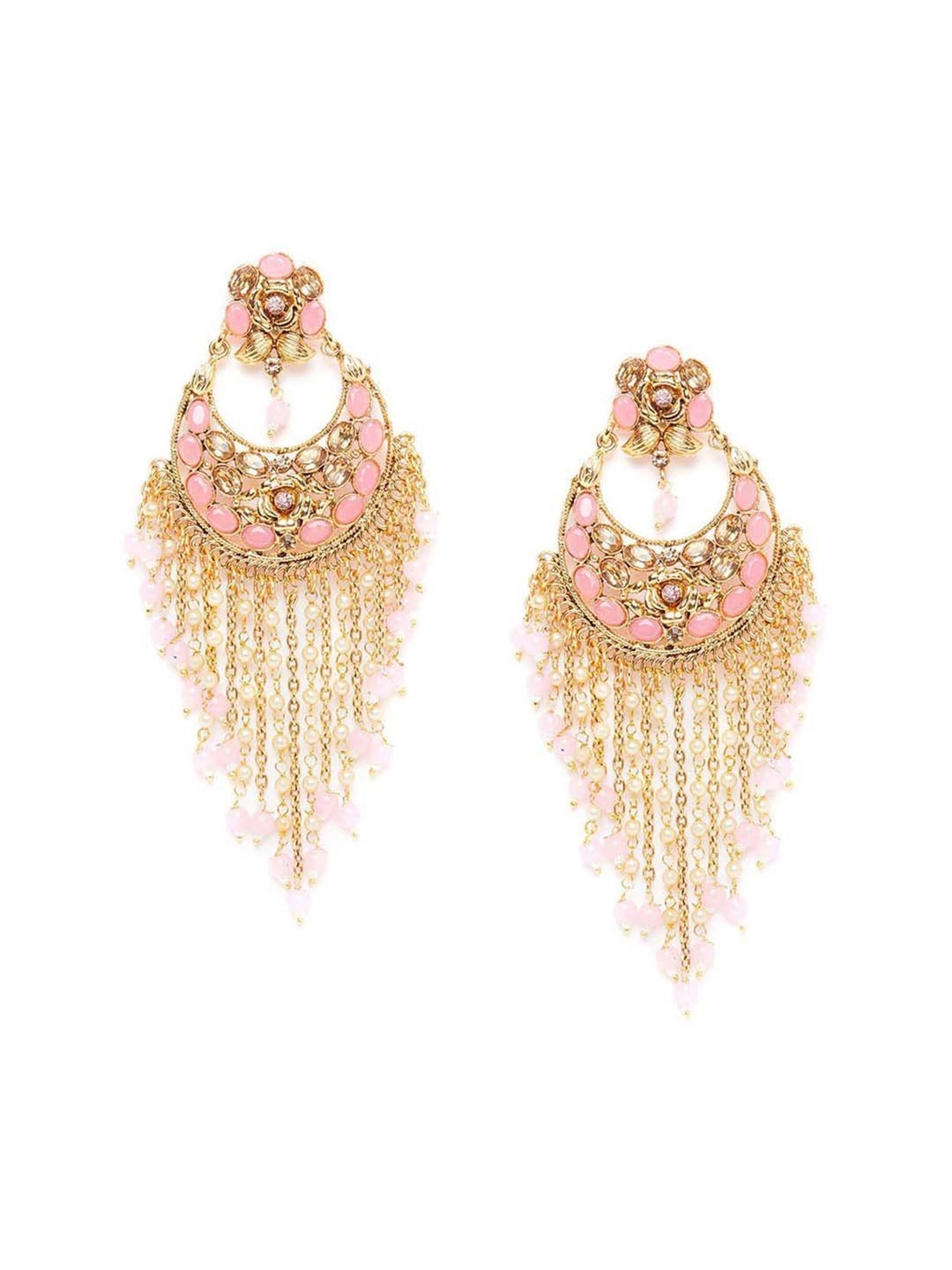 Panash Gold-Plated & Pink Handcrafted Crescent Shaped Embellished Dangler Earrings