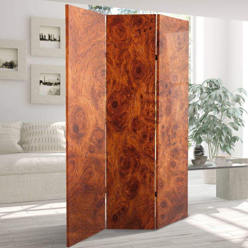 6" Double Sided Burl Wood Pattern Canvas Room Divider Brown - Oriental Furniture