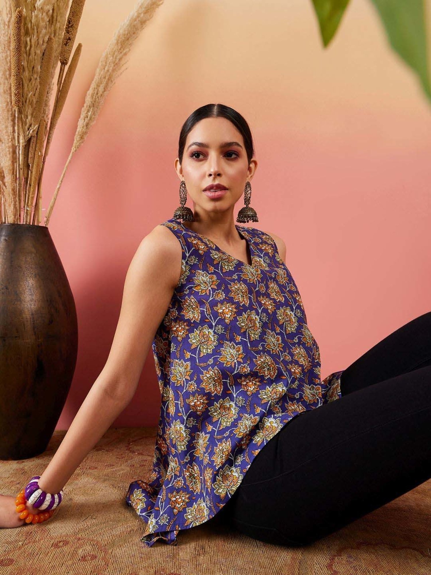 Inweave Royal Blue Cotton Floral Print Top