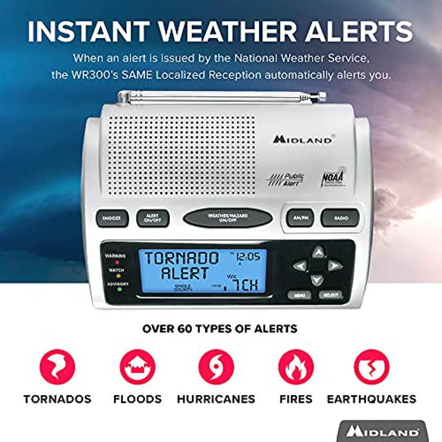 Midland - WR300, Deluxe NOAA Emergency Weather Alert Radio - S.A.M.E. Localized Programming, 60+ Emergency Alerts, & Alarm Clock w/ AM/FM Radio