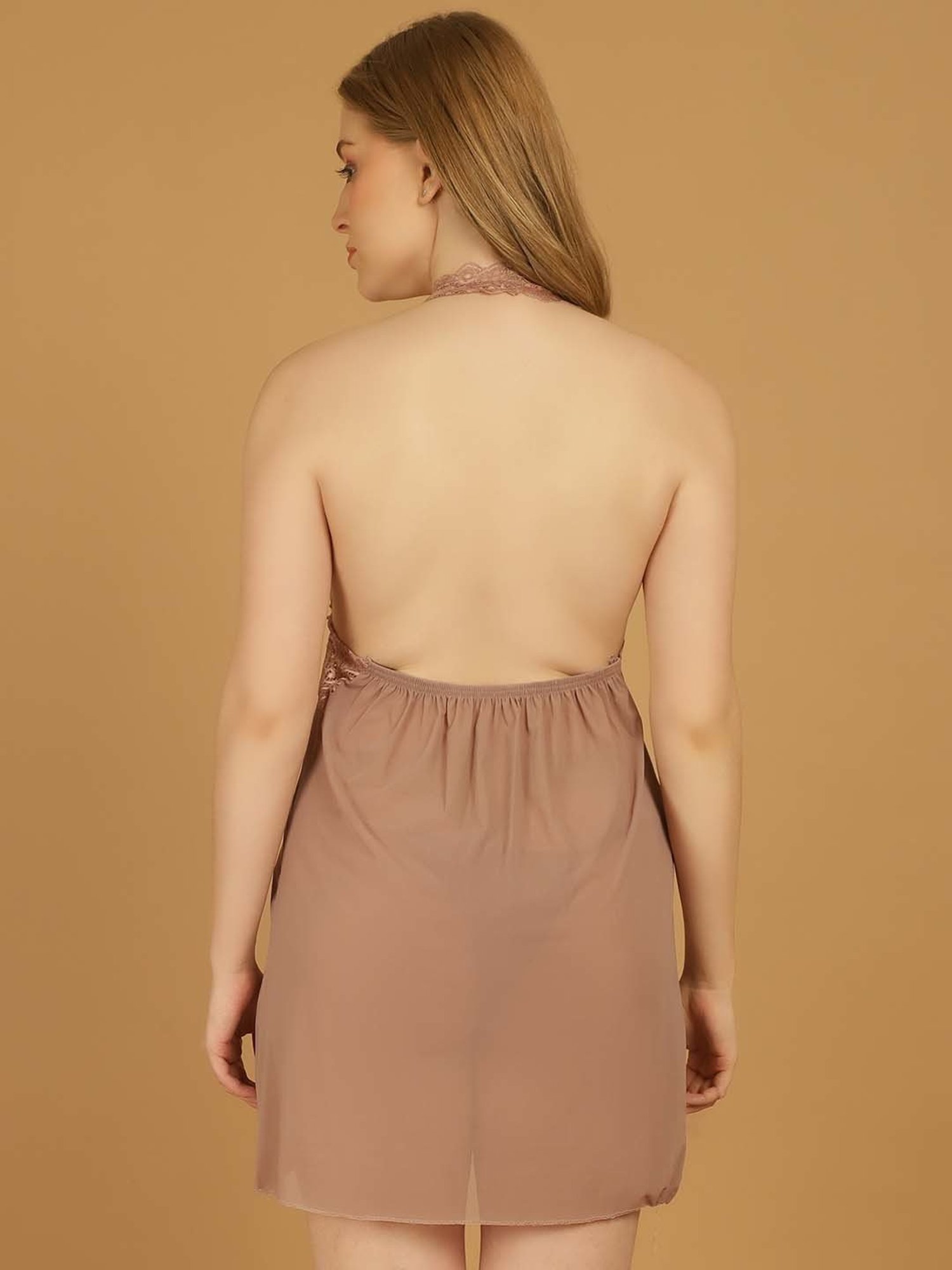 Stylee LIFESTYLE Beige Lace Work Babydoll With Brief