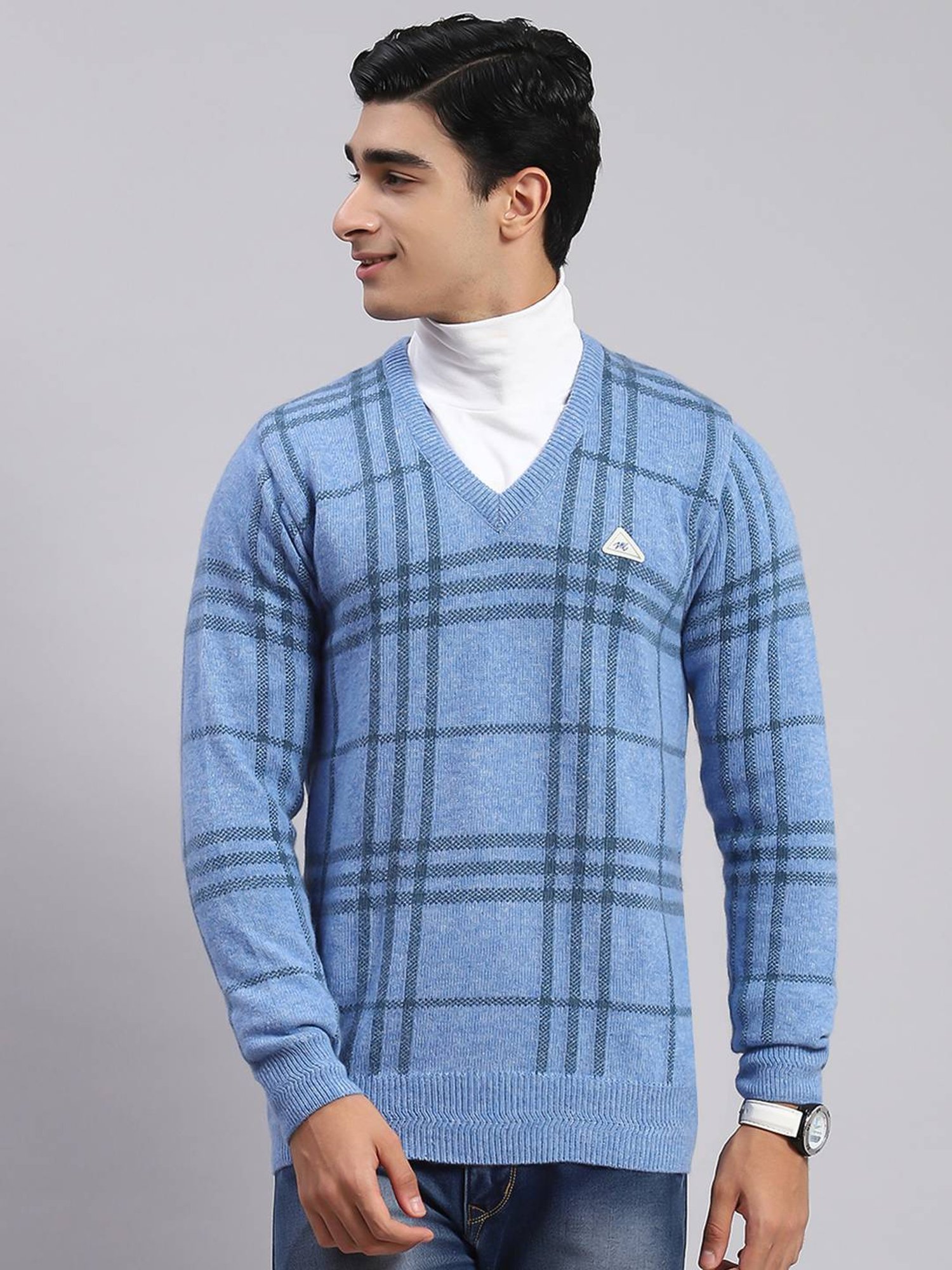 Monte Carlo Sky Blue Regular Fit Checks Sweater