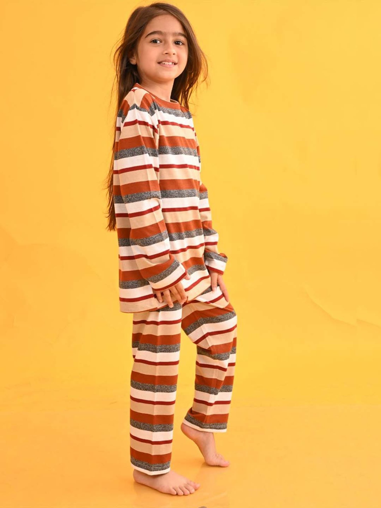Anthrilo Kids Beige Cotton Striped Full Sleeves T-Shirt & Trouser