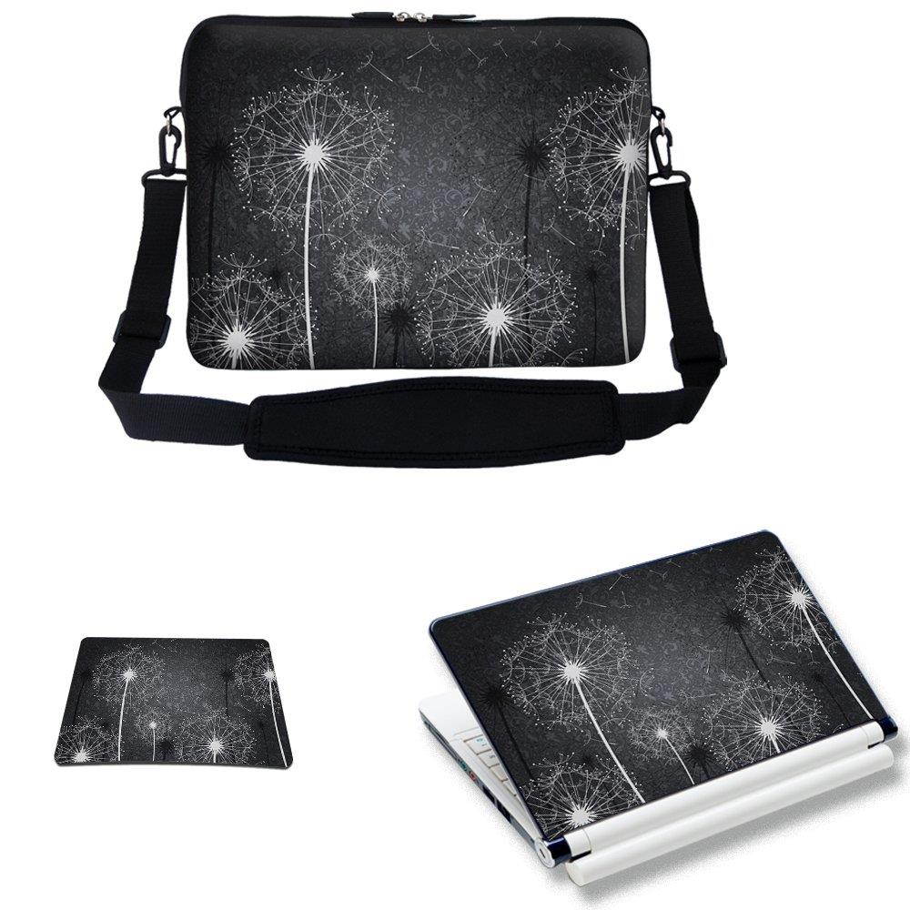Meffort Inc 17 17.3 inch Laptop Carrying Sleeve Bag Case with Hidden Handle & Adjustable Shoulder Strap with Matching Skin Sticker and Mouse Pad Combo - Black White Dandelion