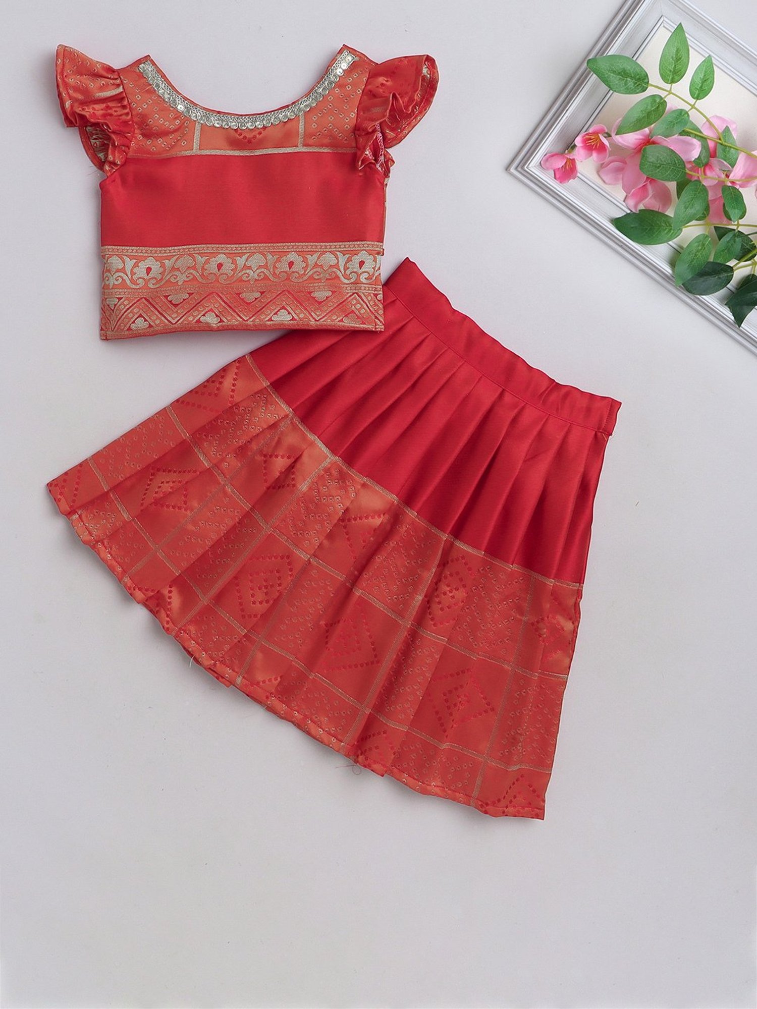 Many Frocks Kids Brown Printed Lehenga with Choli
