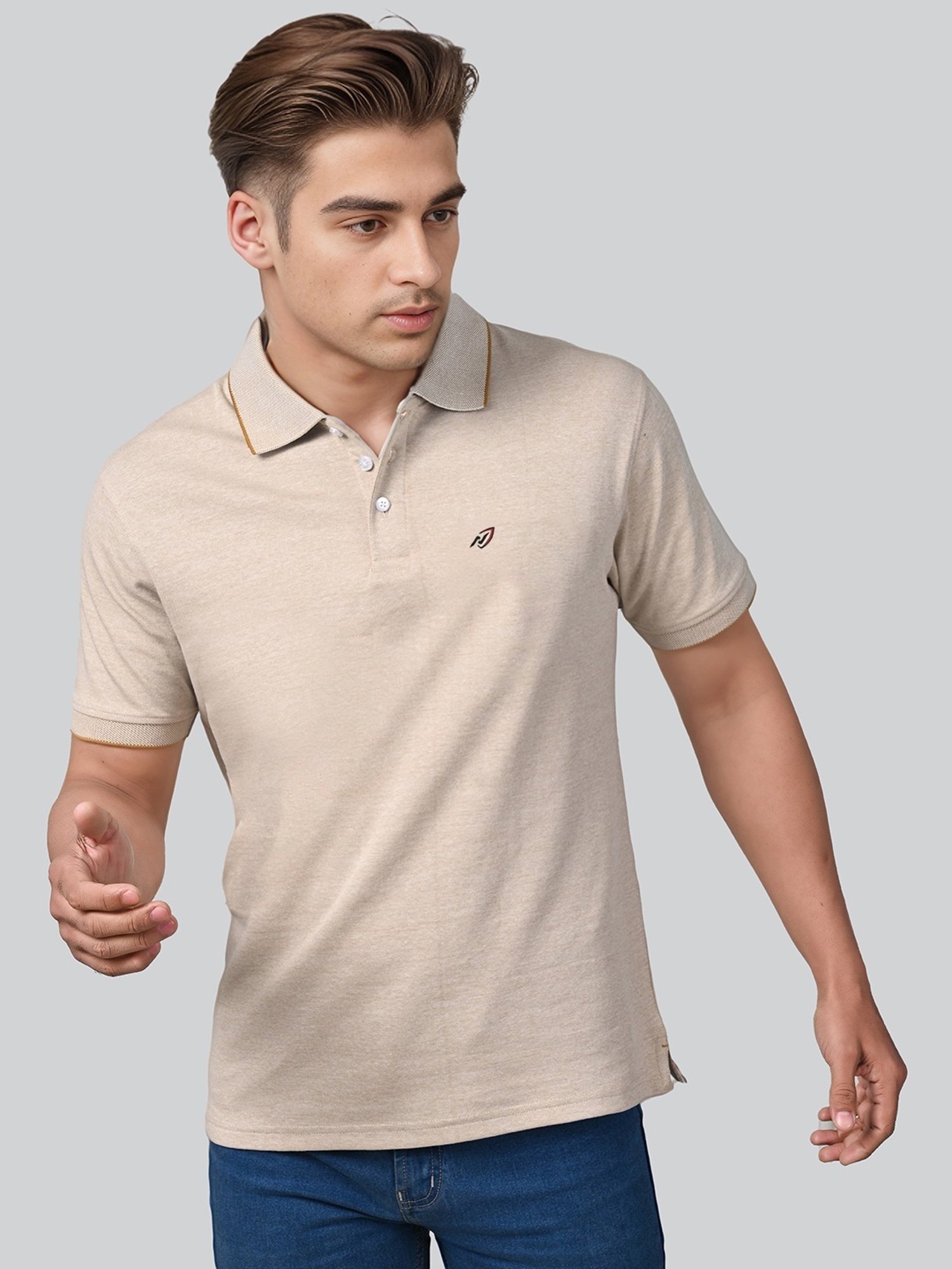 Lux Nitro Beige Cotton Regular Fit Texture Polo T-Shirt