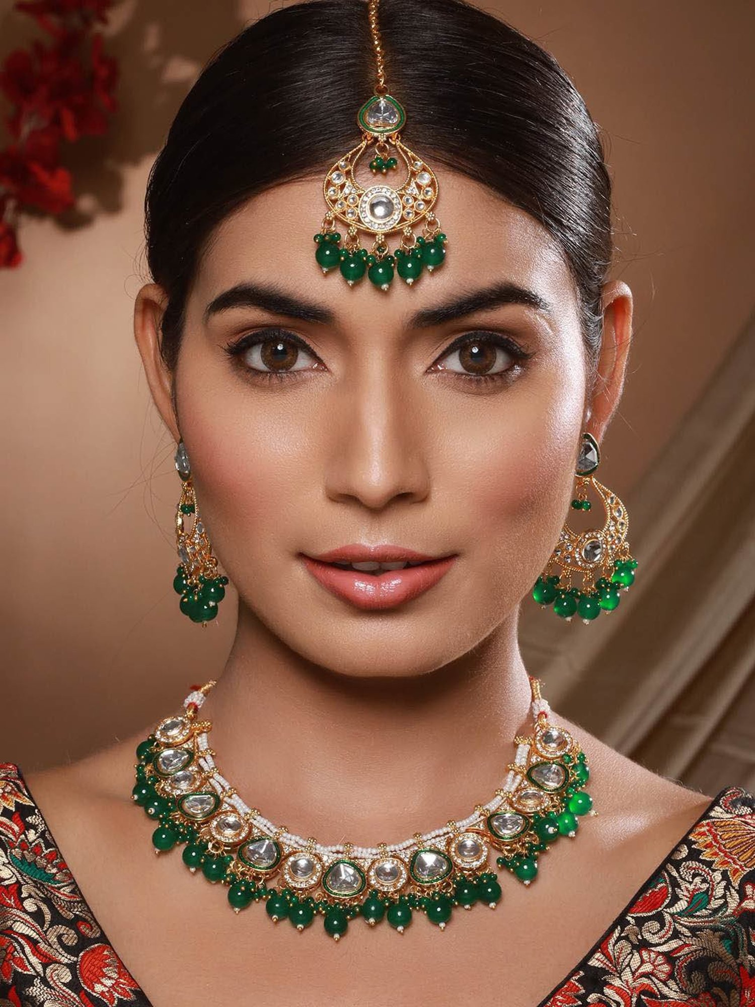 Aatmana Gold-Plated Green & White Kundan-Studded Jewellery Set with Maangtikka for Women