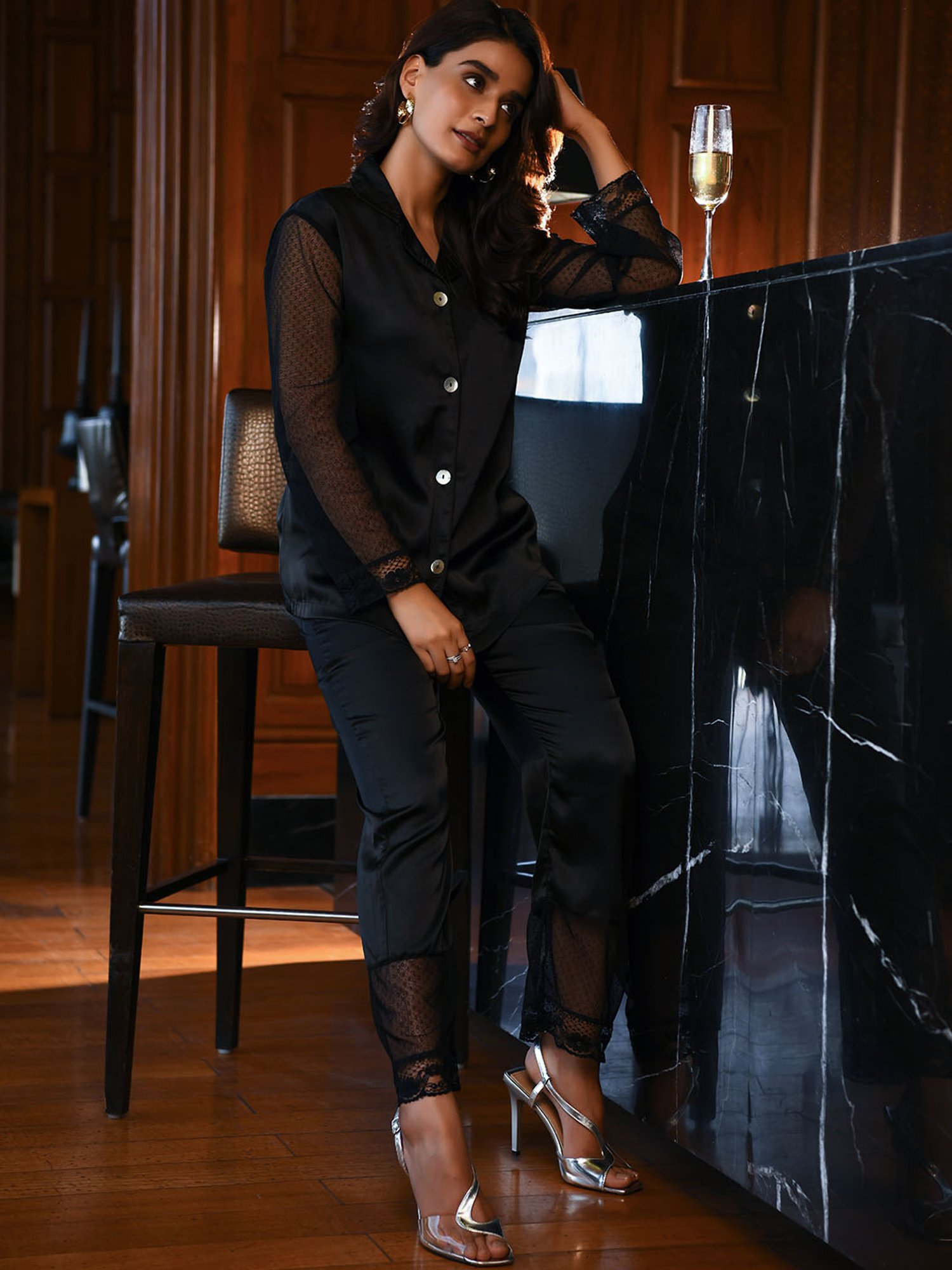 Dusk Attire Black Black Satin Net Pyjama Set