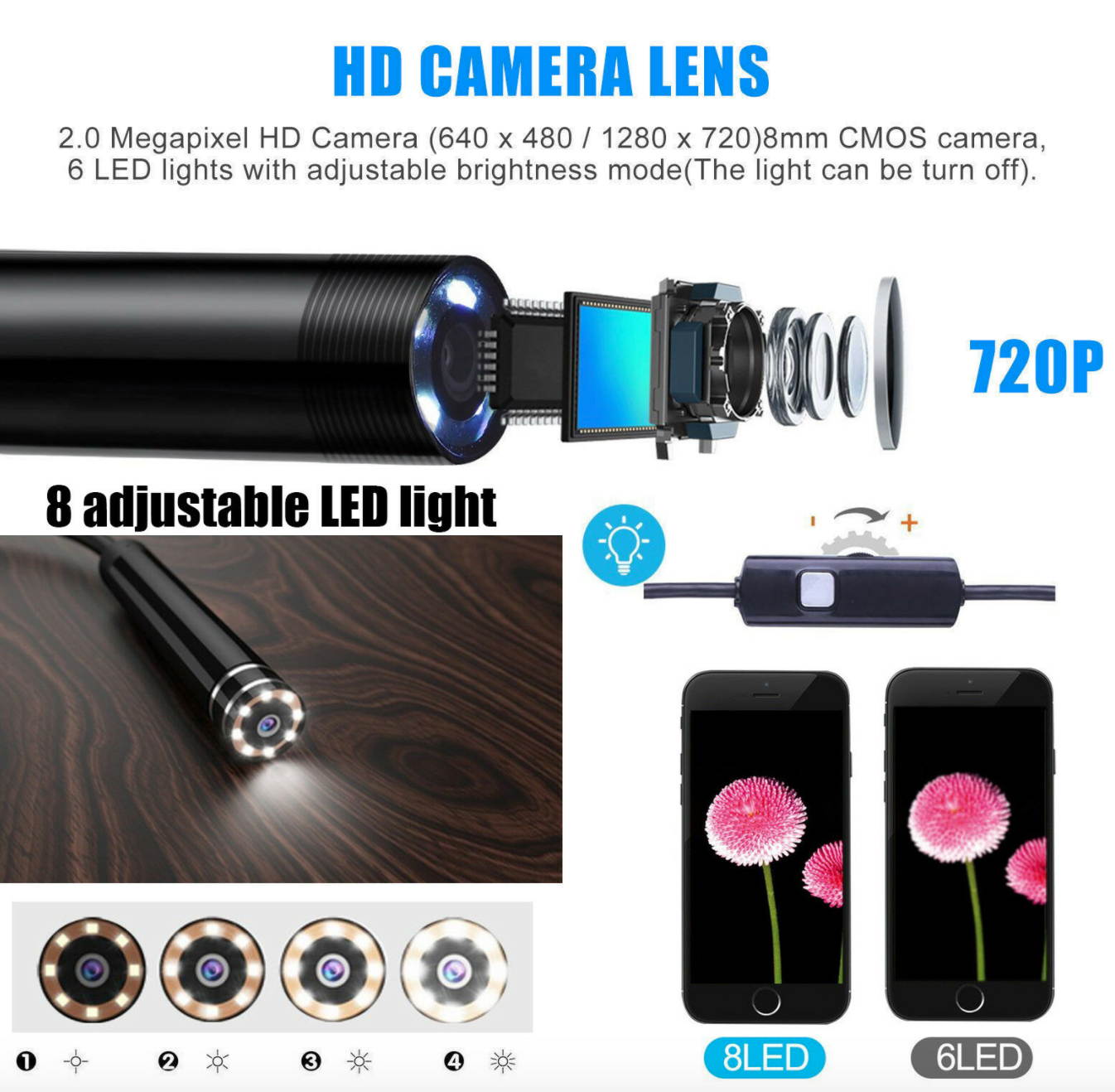 5M 8LED WiFi Borescope Endoscope Snake Inspection Camera for iPhone Android iOS