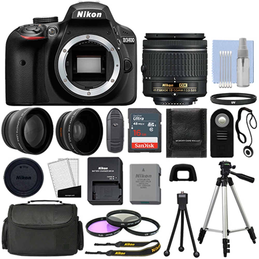 Nikon D3400 Digital SLR Camera Black + 3 Lens: 18-55mm Lens + 16GB Bundle