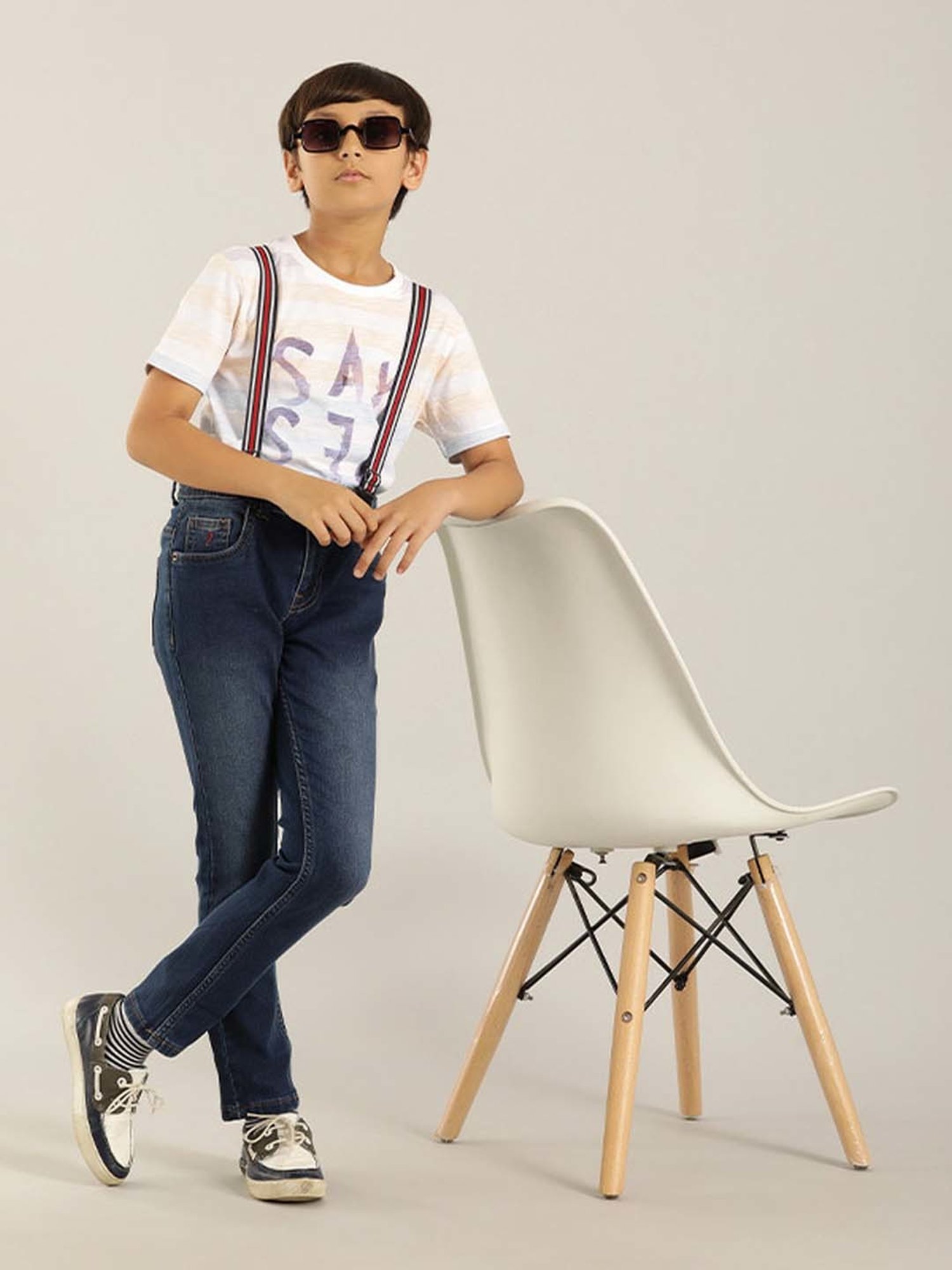 Indian Terrain Kids White & Blue Cotton Printed T-Shirt