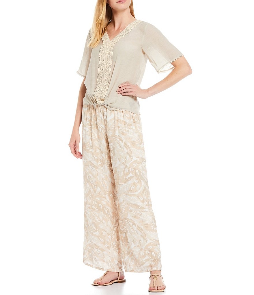 I.N. Studio Solid Gauzy Crochet Trim V-Neck Elbow Sleeve Tie-Front Top