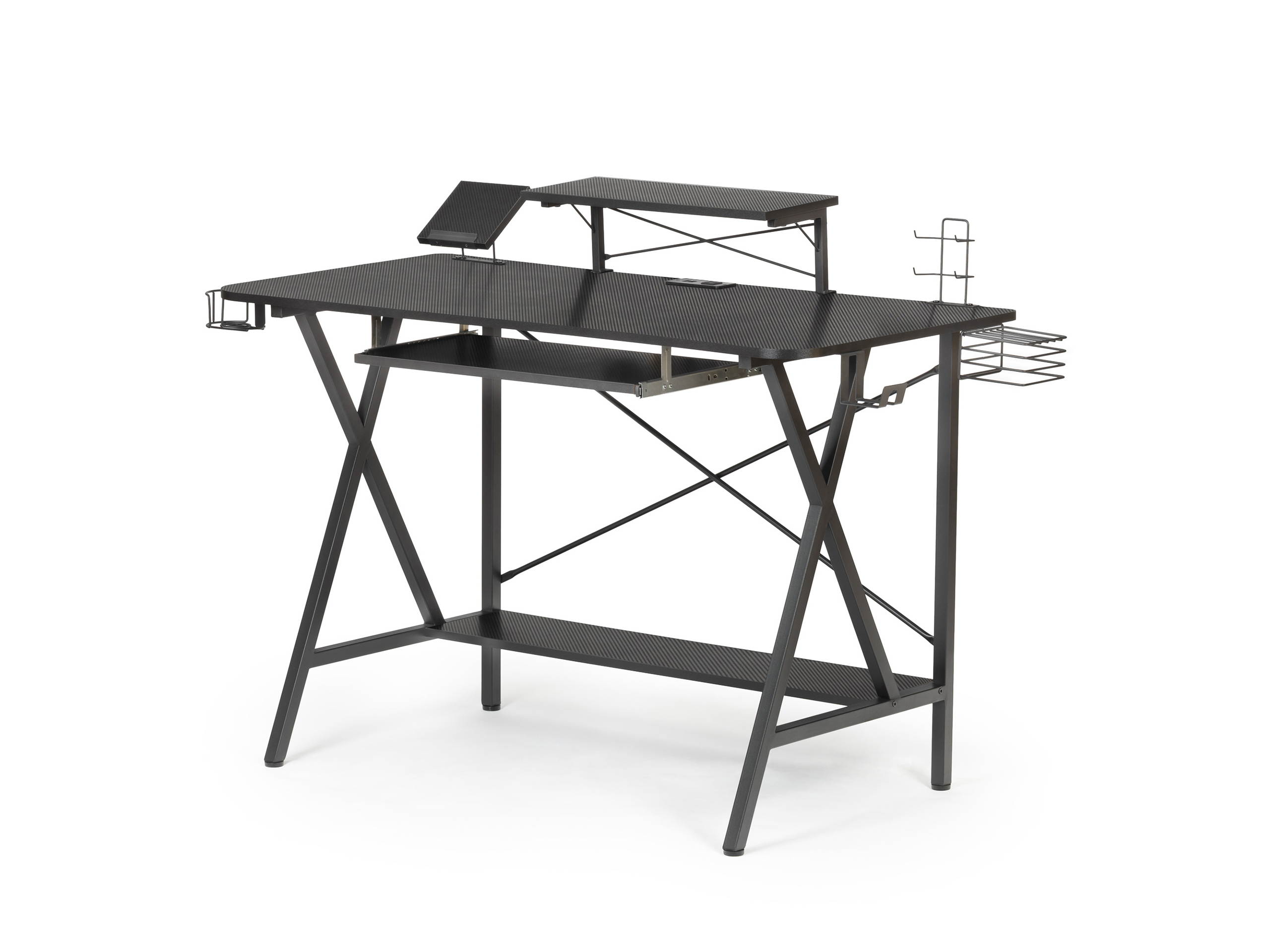 47" Gaming Desk Table, E-Sports Computer Desk with PC Stand Shelf Keyboard stand Power Strip with USB Cup Holder & Headphone Hook Home Office Desk Gamer Desk Writing Table, Carbon Fiber Coated Black