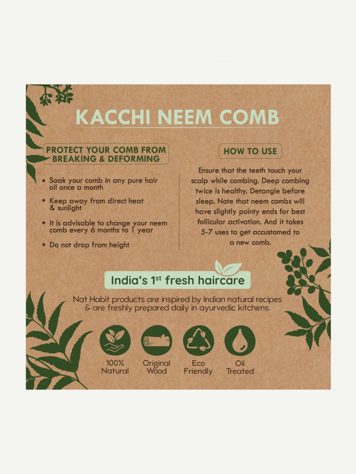 Nat Habit Fine Tooth Kacchi Neem Comb - 1 Pc