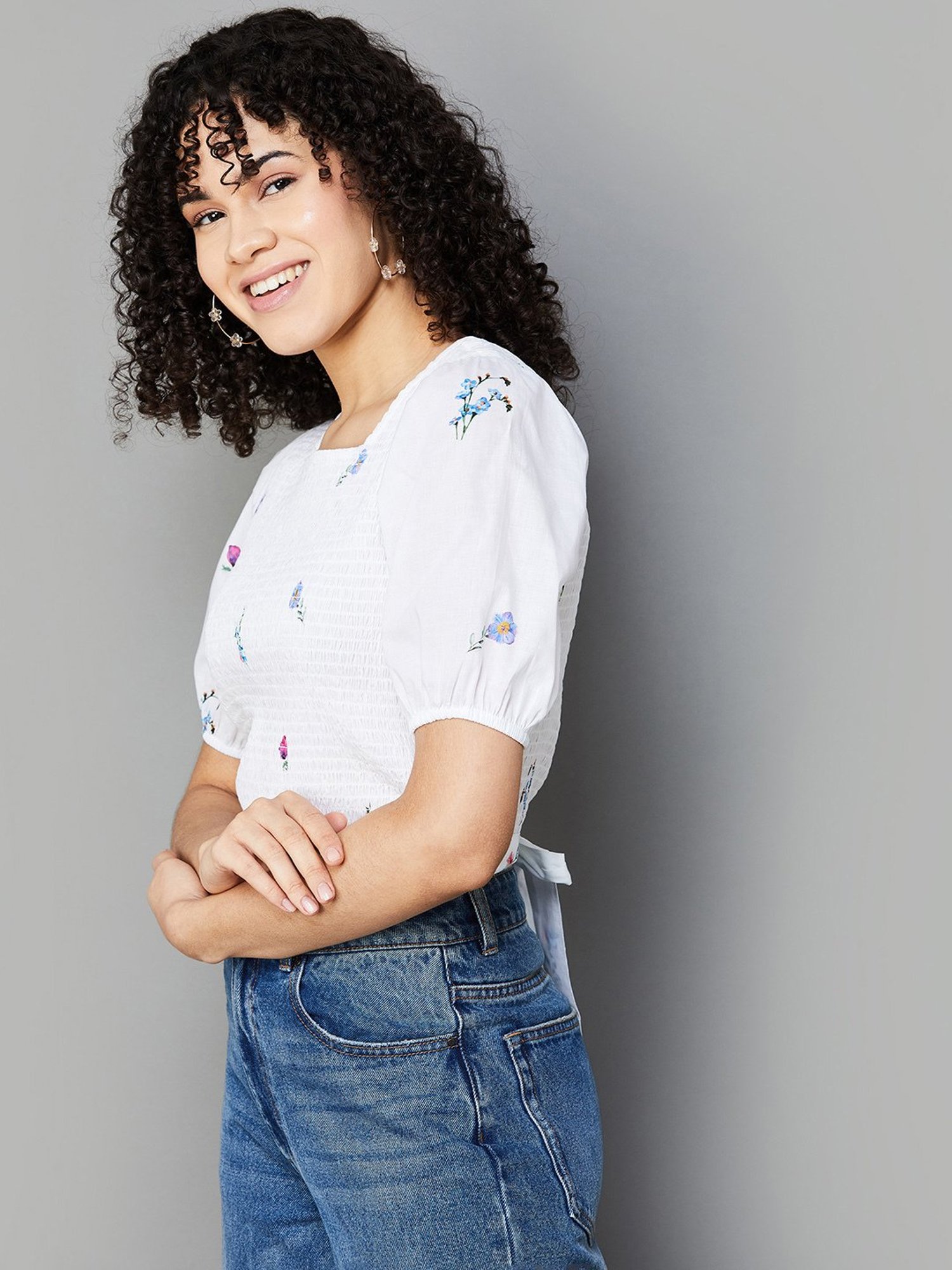 Colour Me by Melange White Cotton Floral Print Crop Top