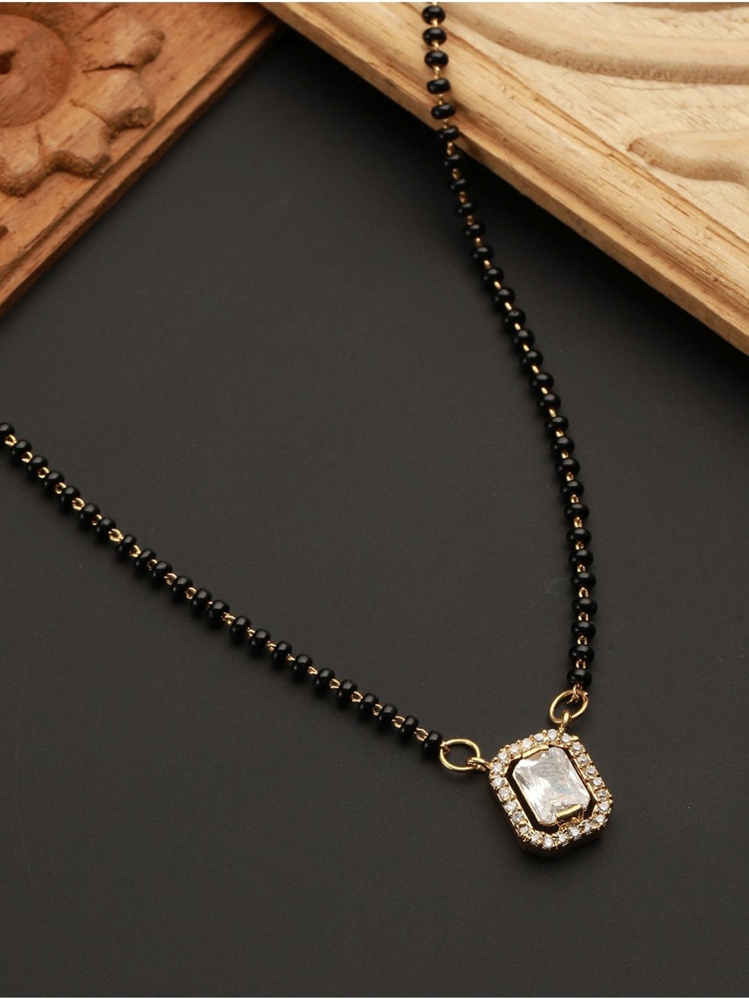 Priyaasi Studded Block AD Black Beads Gold-Plated Mangalsutra