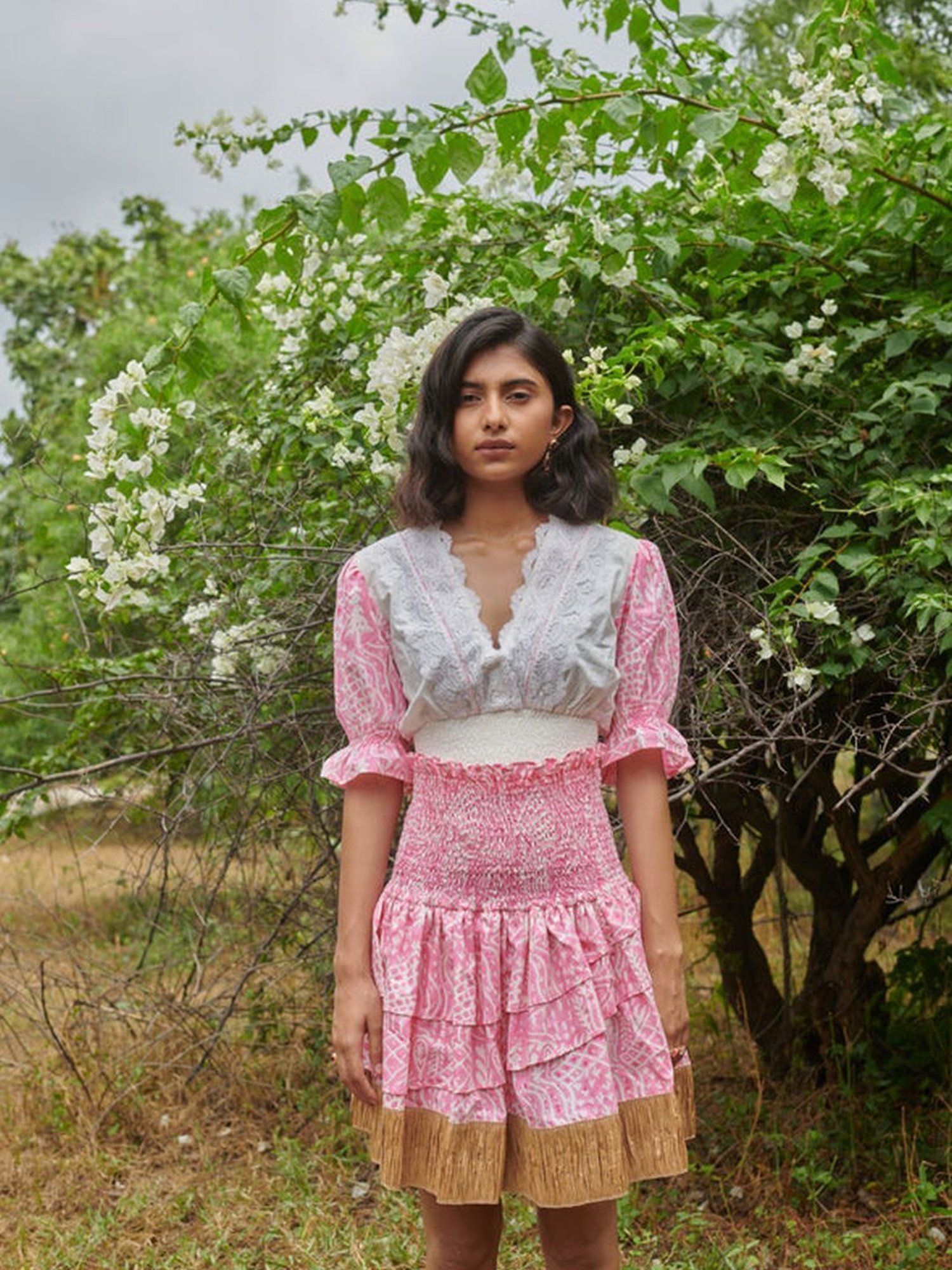 Khajoor Studio White & Pink Sundaze Barbie Smocked Meadow Print Crop Top & Skirt Co-ord Set