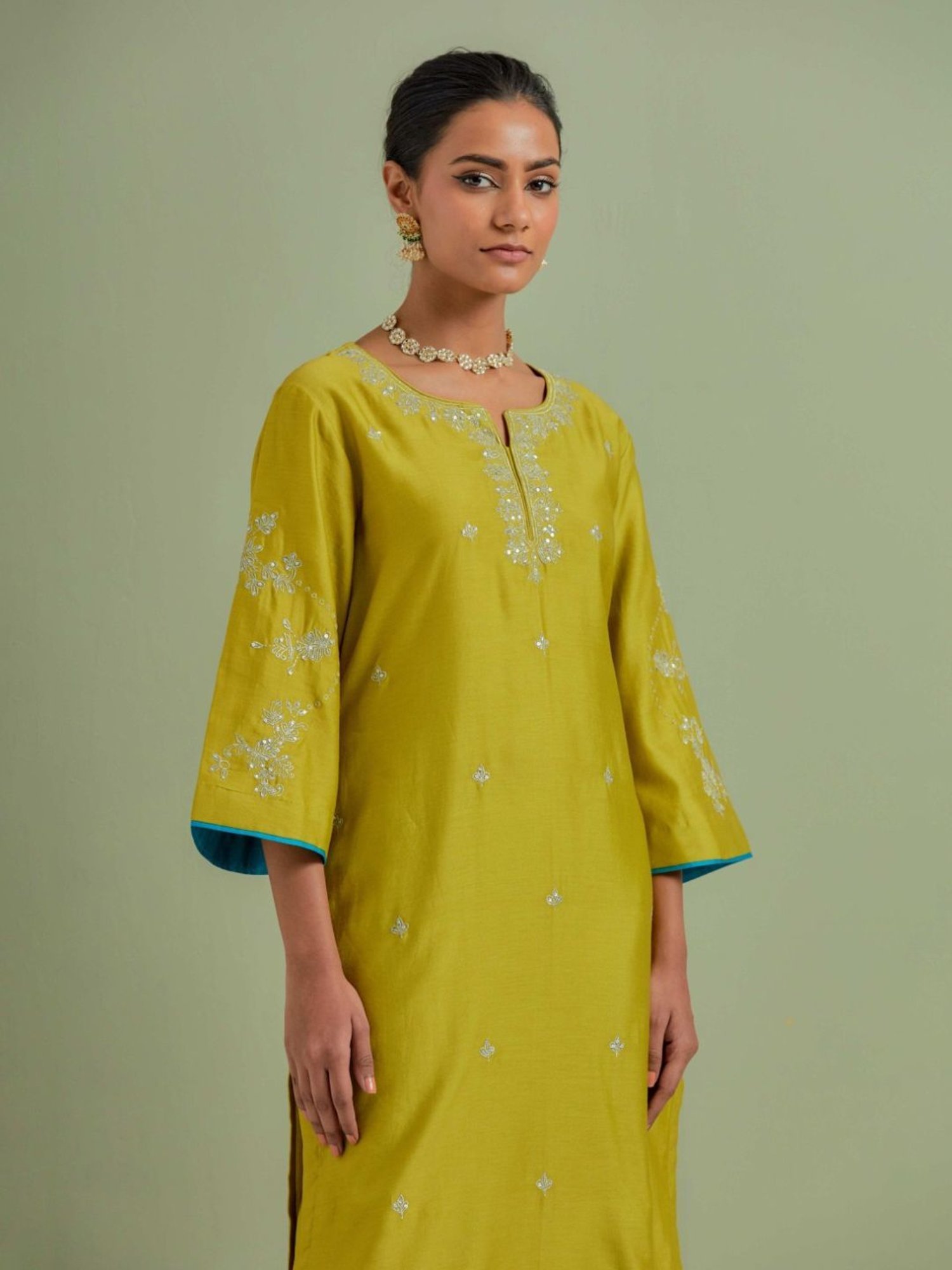 Priya Chaudhary Lime Green Qainat Embroidered Chanderi Silk Kurta