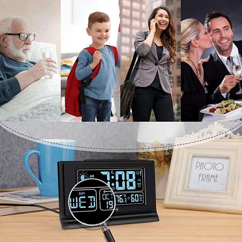 Auto Set Alarm Clock with USB Charging Ports 6quot Large Display with Indoor Temperature amp Humidity DateDay amp Moon Phase Brightness Dimmer Auto DST Backup Battery