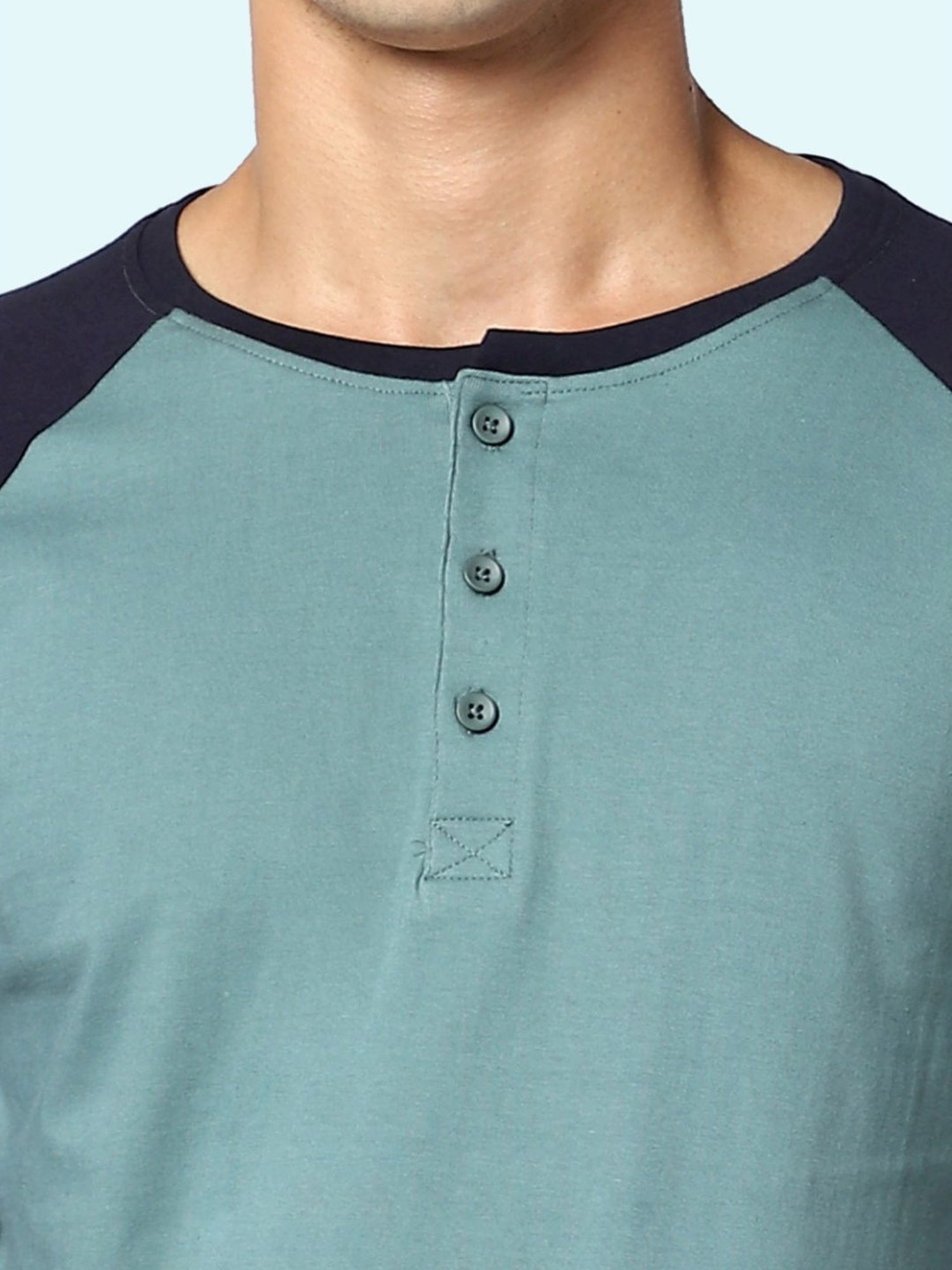 Ajile By Pantaloons Sage Green & Black Cotton Slim Fit Colour Block Lounge T-Shirt