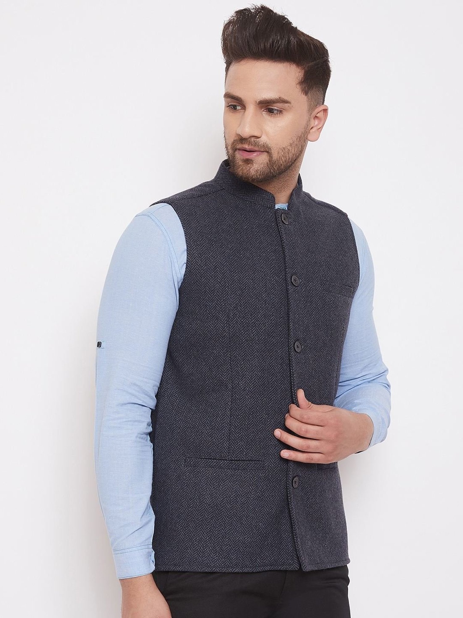 Even Grey Regular Fit Texture Nehru Jacket