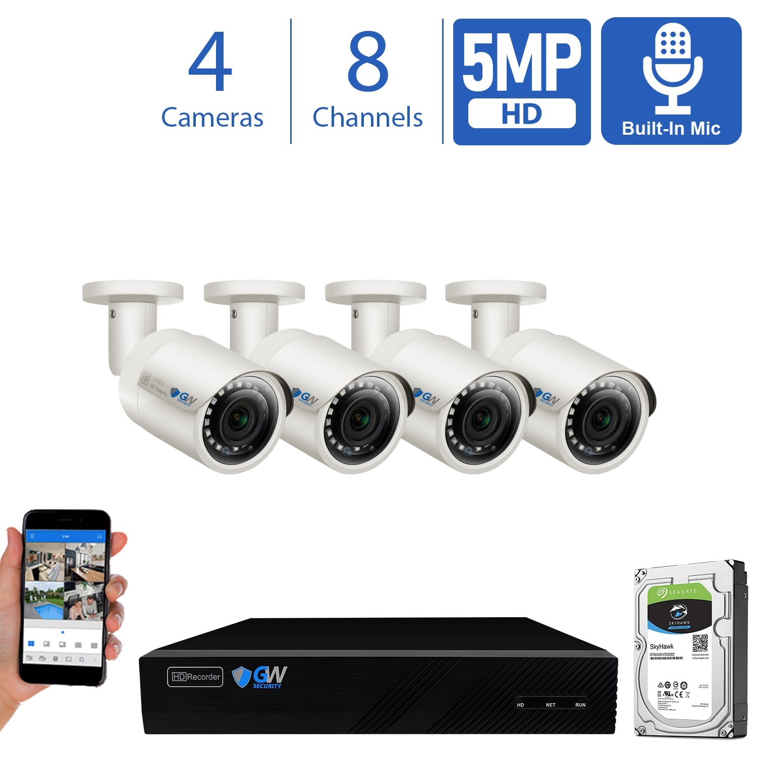 GW Smart AI PoE IP Video & Audio Security Camera System, 32CH 4K NVR with 24 x 5MP 1920P IP Bullet Camera, Day/Night Weather Proof, Human Detection, 8TB