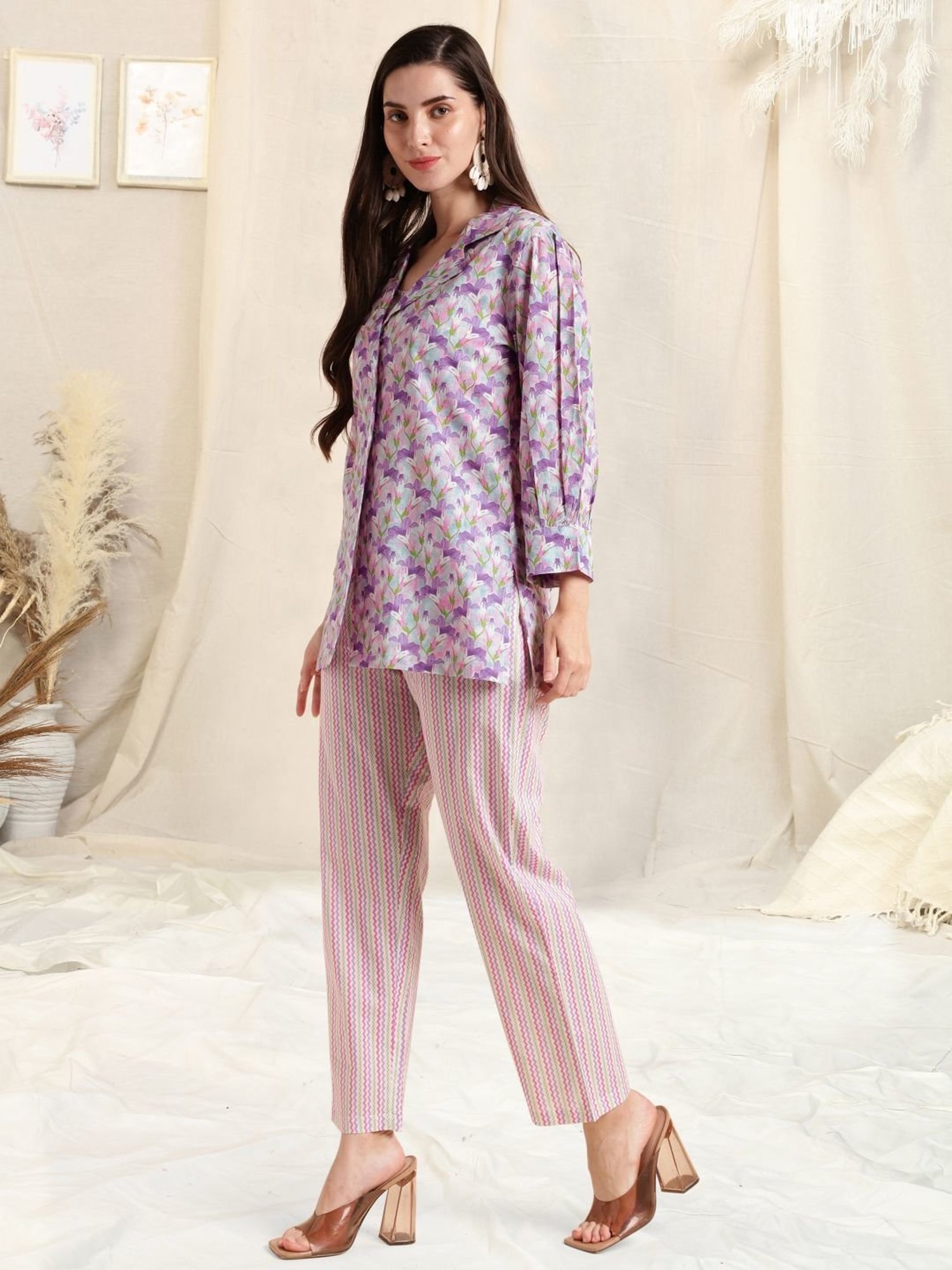 MIRCHI FASHION Purple Cotton Printed Top Pant Set With Jacket