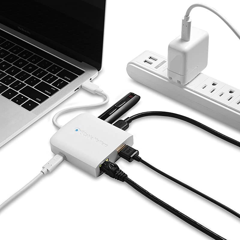 USB C Hub with HDMI 4K 80W Charging Gigabit Ethernet and 3X USB in White USBC and Thunderbolt 3 Port Compatible with Surface Pro7 MacBook Pro Dell XPS and More